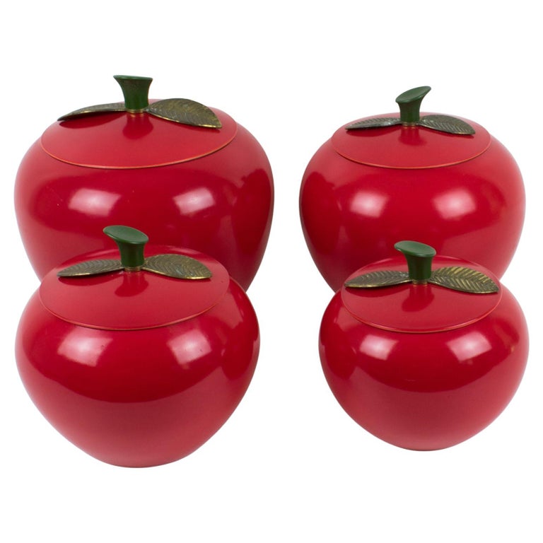 Mid-Century Kitchen Canister Cookie Jar Red Enamel Aluminum Apple, Set of 4 Pc For Sale