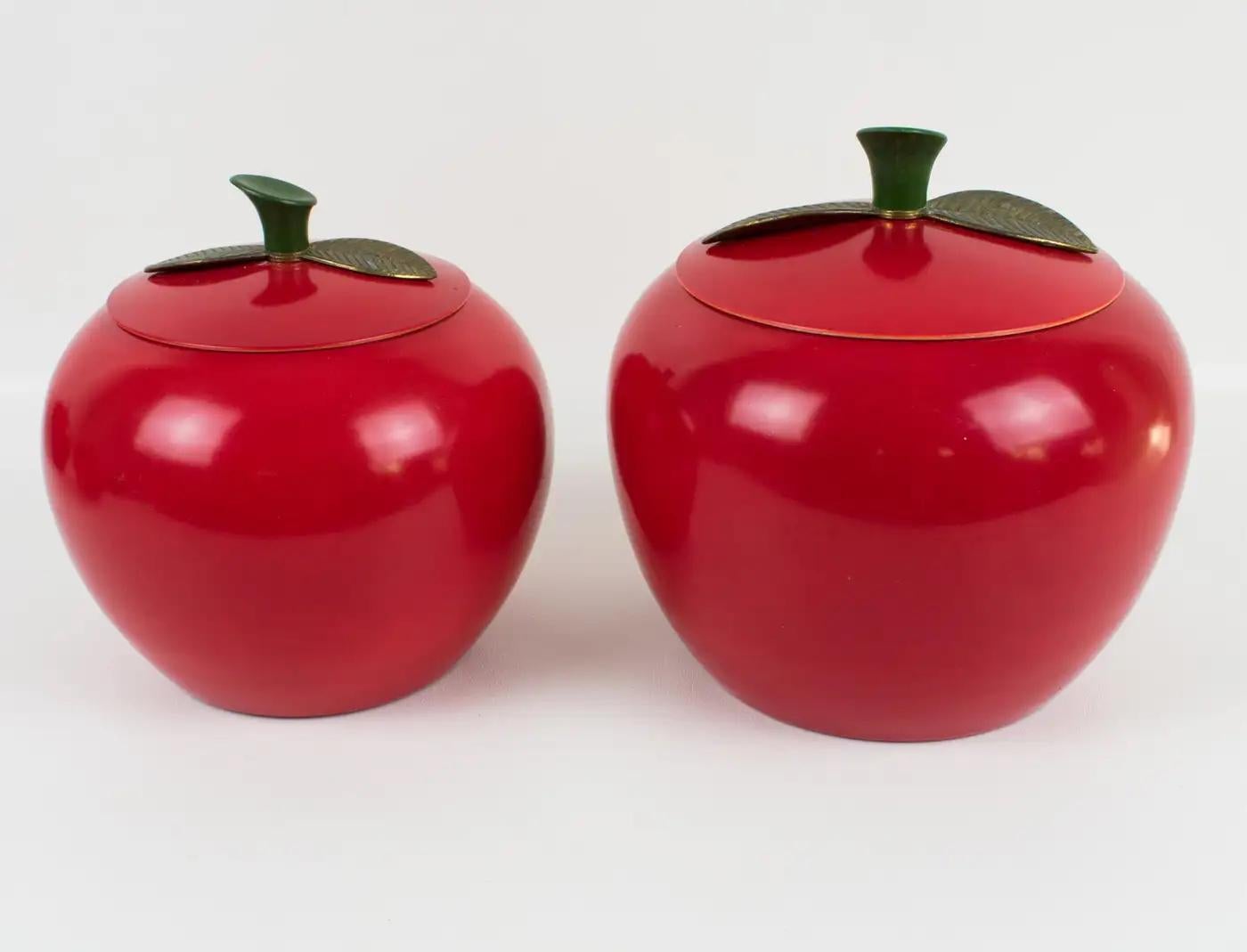 Mid-Century Kitchen Canisters Cookie Jar Red Enamel Aluminum Apple, Set of 4 Pc For Sale 2