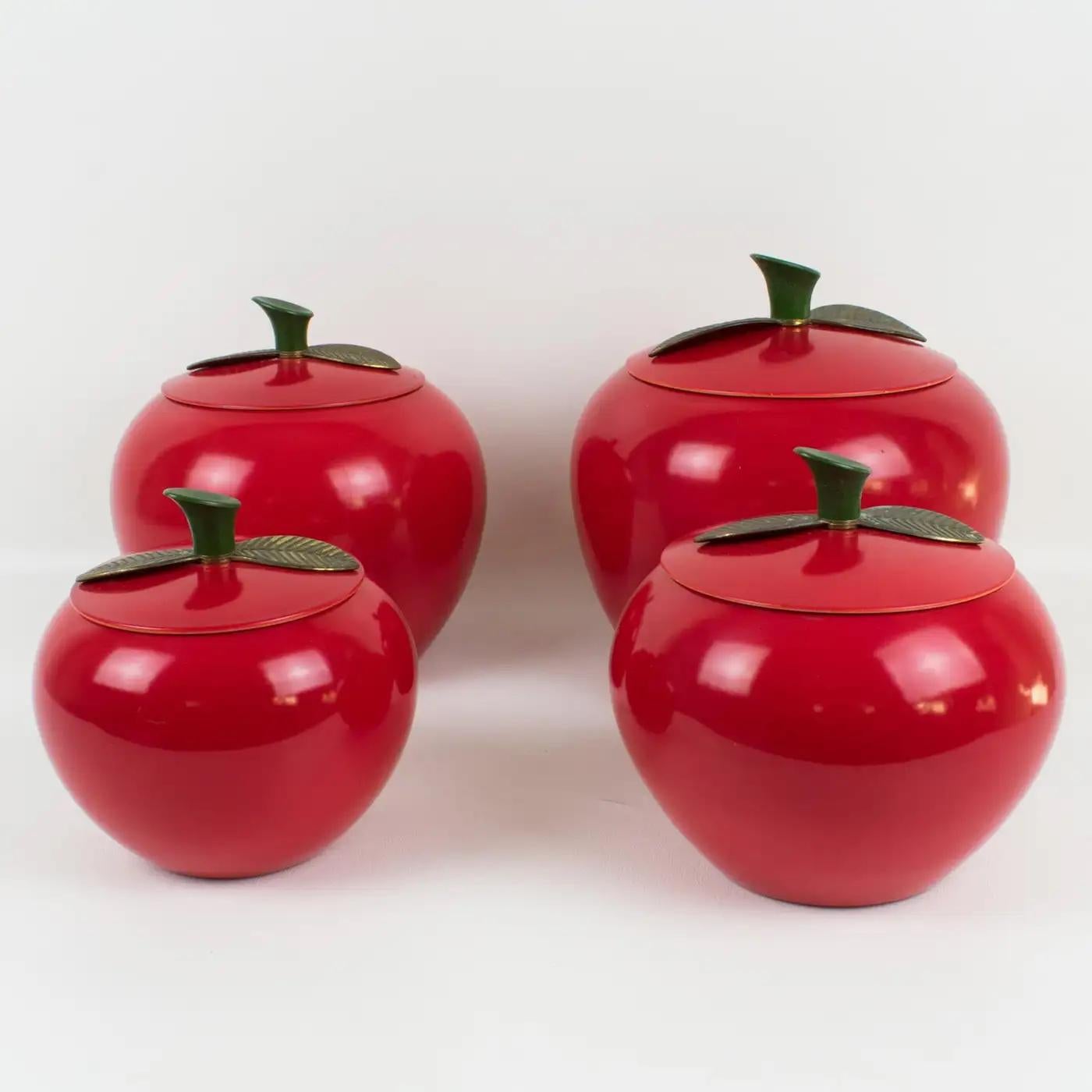 Mid-Century Kitchen Canisters Cookie Jar Red Enamel Aluminum Apple, Set of 4 Pc For Sale 5