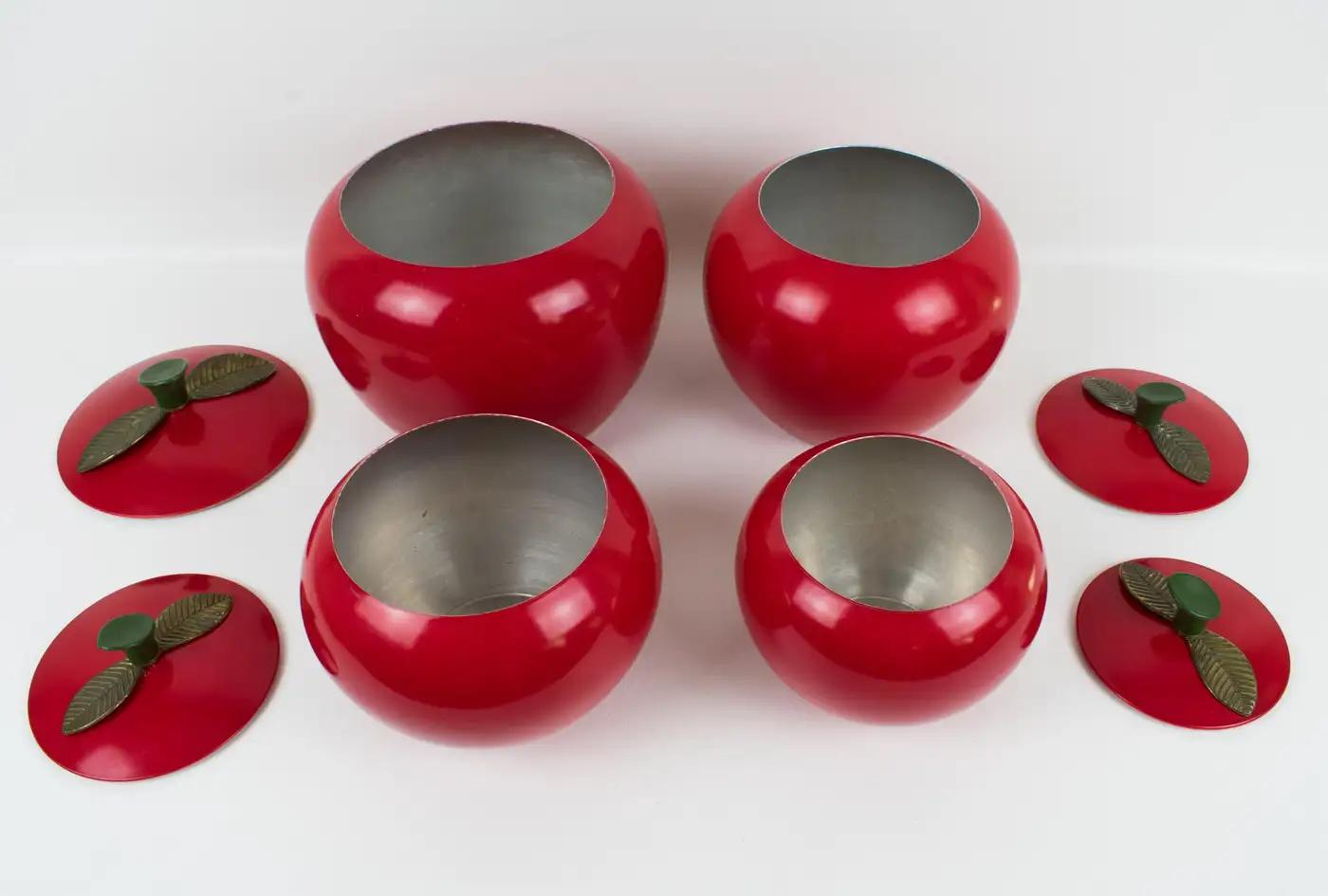 Mid-Century Modern Mid-Century Kitchen Canisters Cookie Jar Red Enamel Aluminum Apple, Set of 4 Pc For Sale