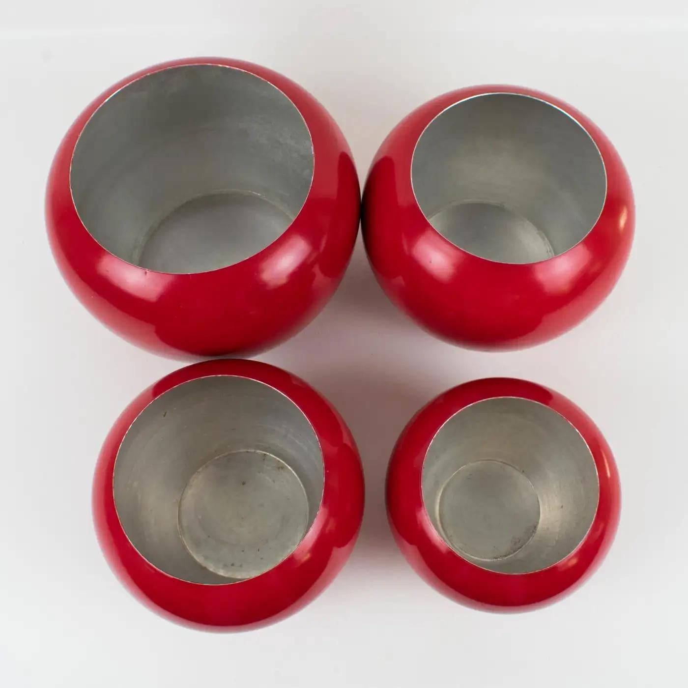 American Mid-Century Kitchen Canisters Cookie Jar Red Enamel Aluminum Apple, Set of 4 Pc For Sale