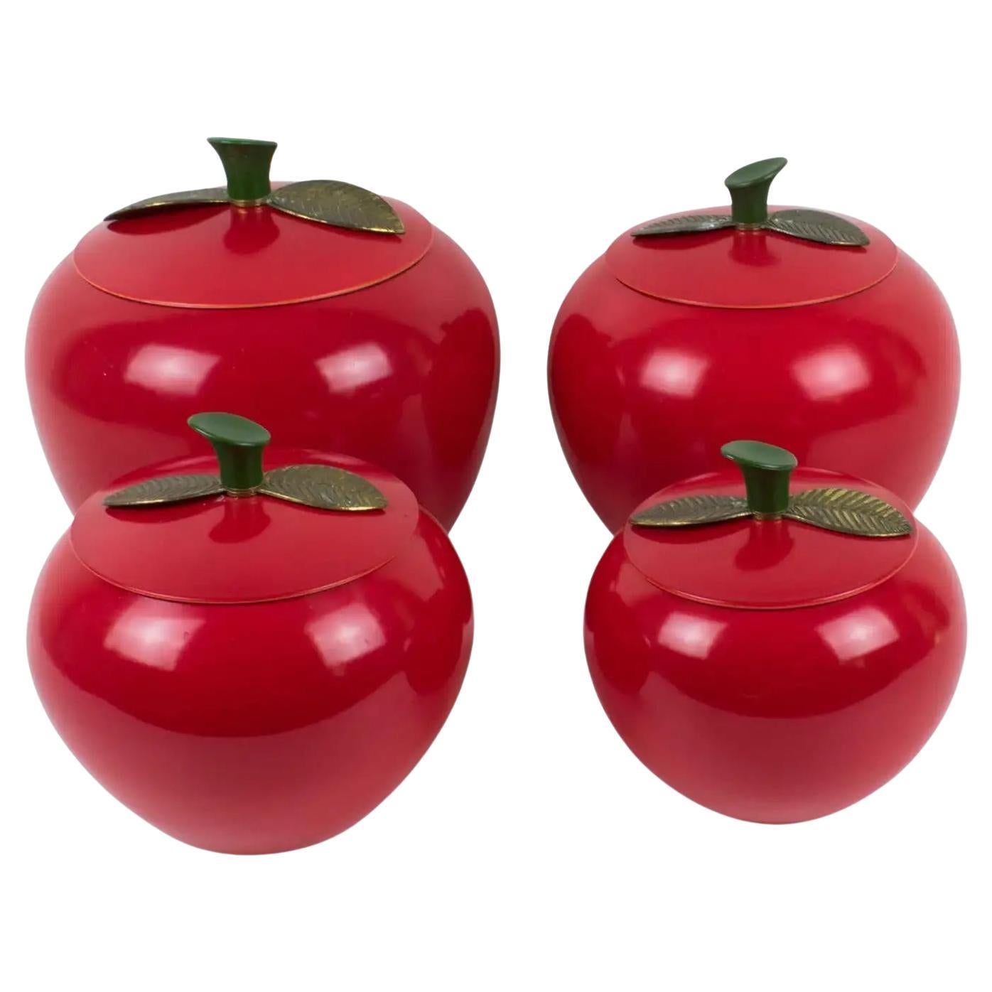 Mid-Century Kitchen Canisters Cookie Jar Red Enamel Aluminum Apple, Set of 4 Pc For Sale