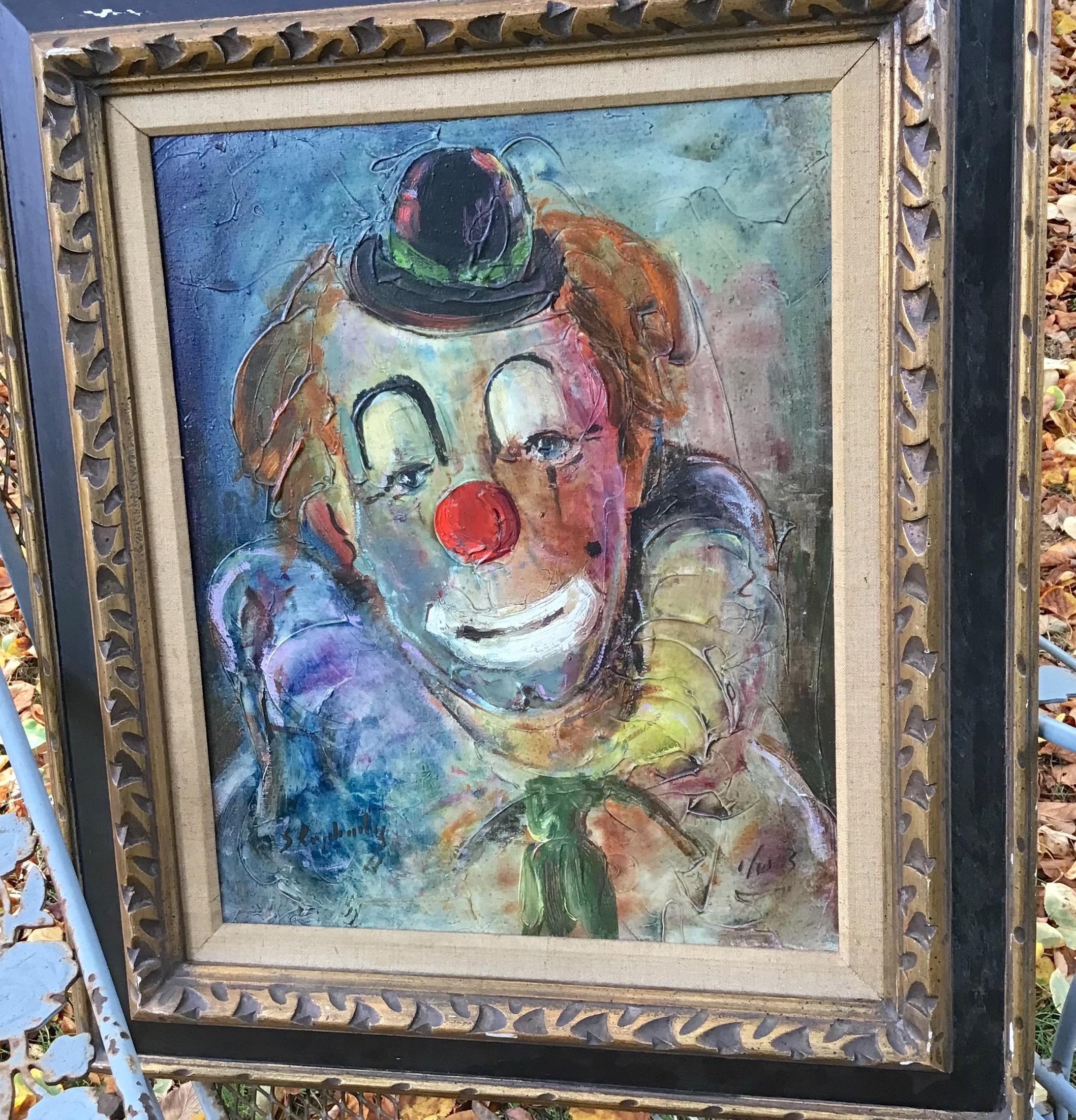 Mid century kitschy clown oil painting in ornate frame, signed.