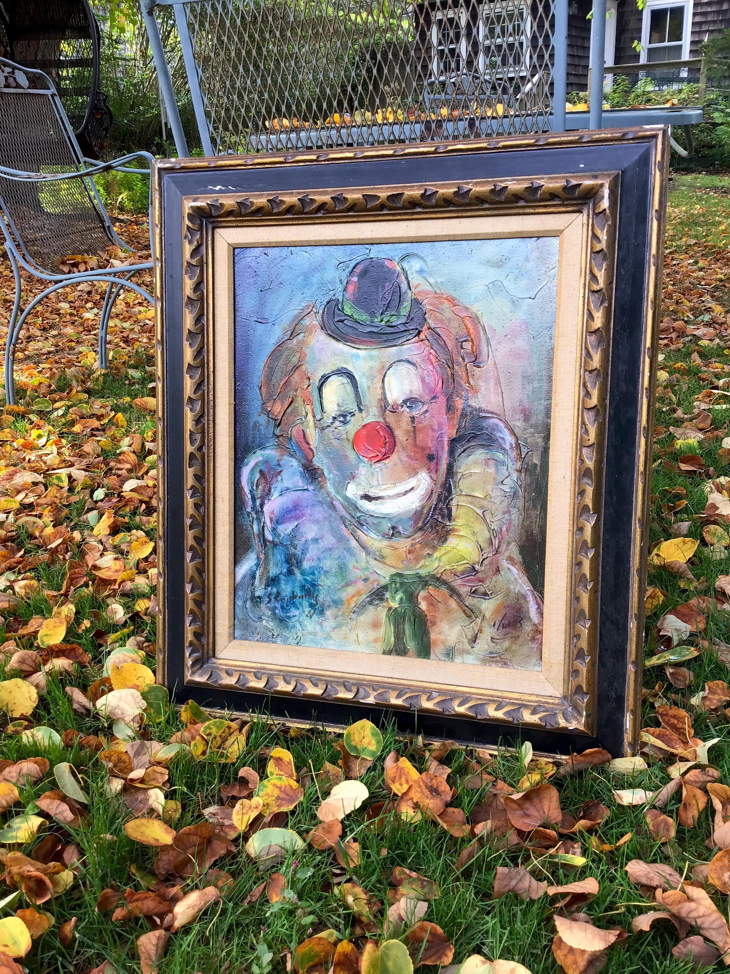 Mid-Century Modern Peinture à l'huile d'un clown kitsch du milieu du siècle dernier, portrait de clown encadré