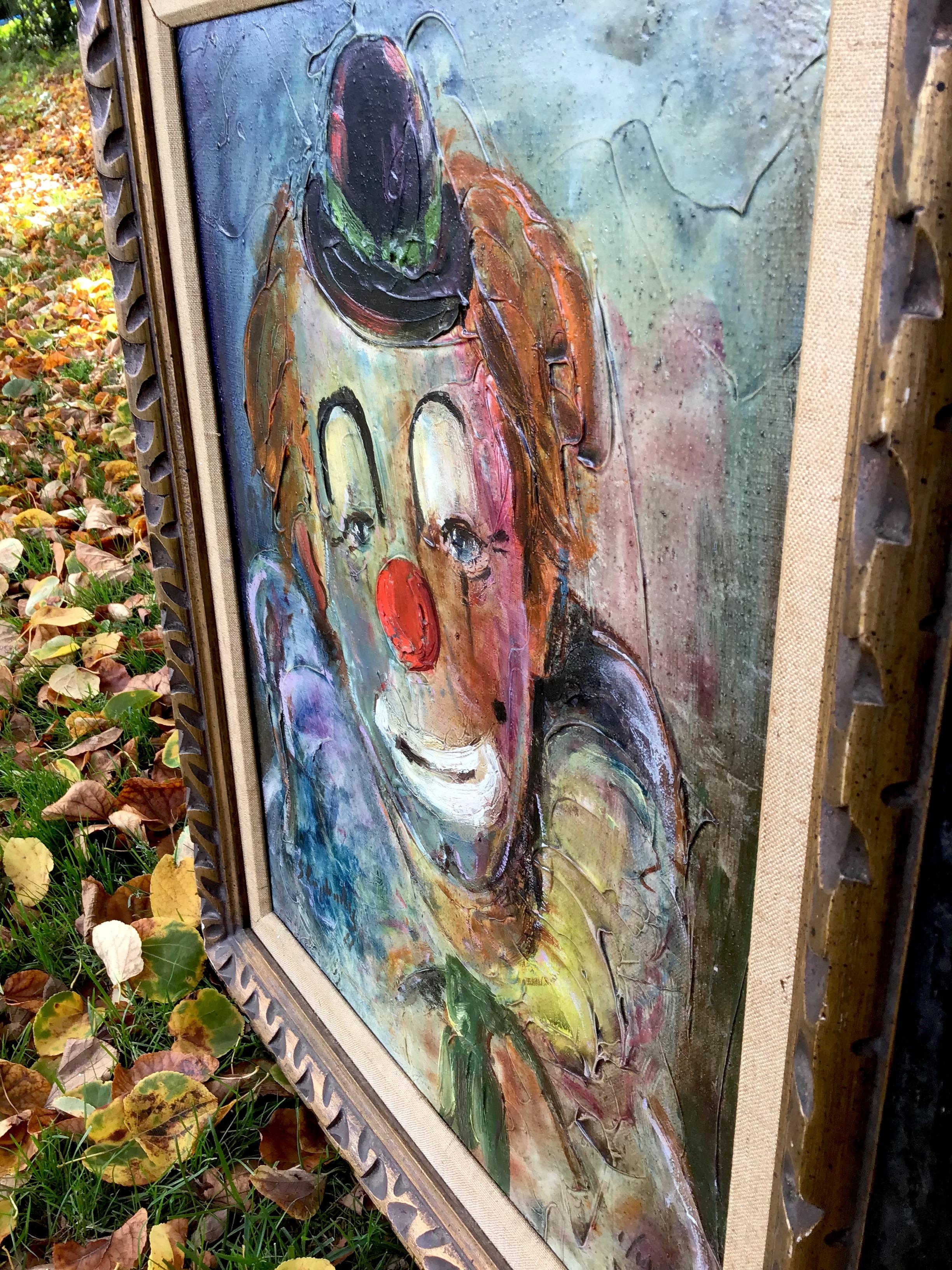 Peinture à l'huile d'un clown kitsch du milieu du siècle dernier, portrait de clown encadré Bon état à East Hampton, NY