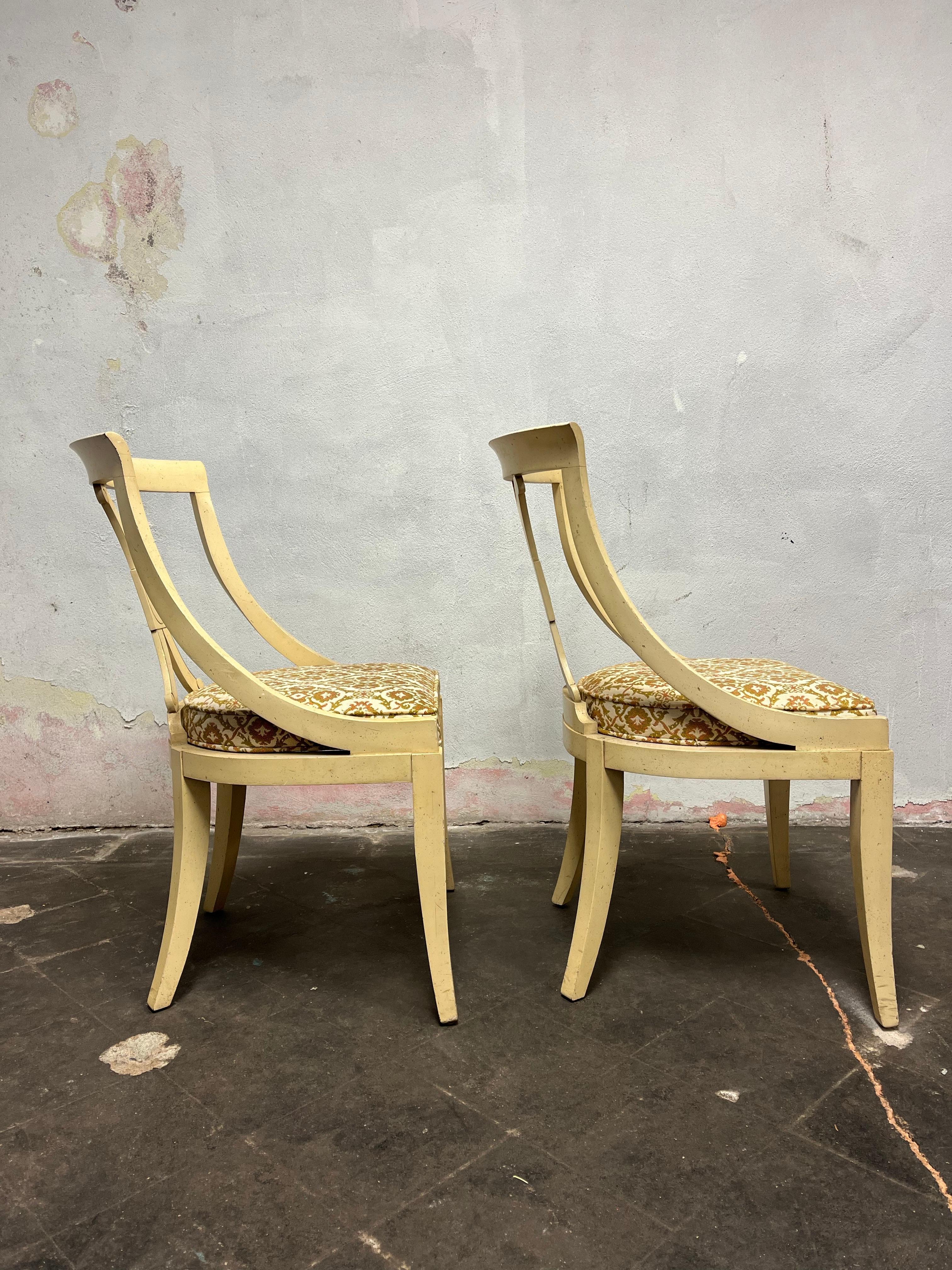 Timeless regency designed Klismos Chairs. Off white to cream finish with speckled accent. Period upholstery. 
Curbside to NYC/Philly $450