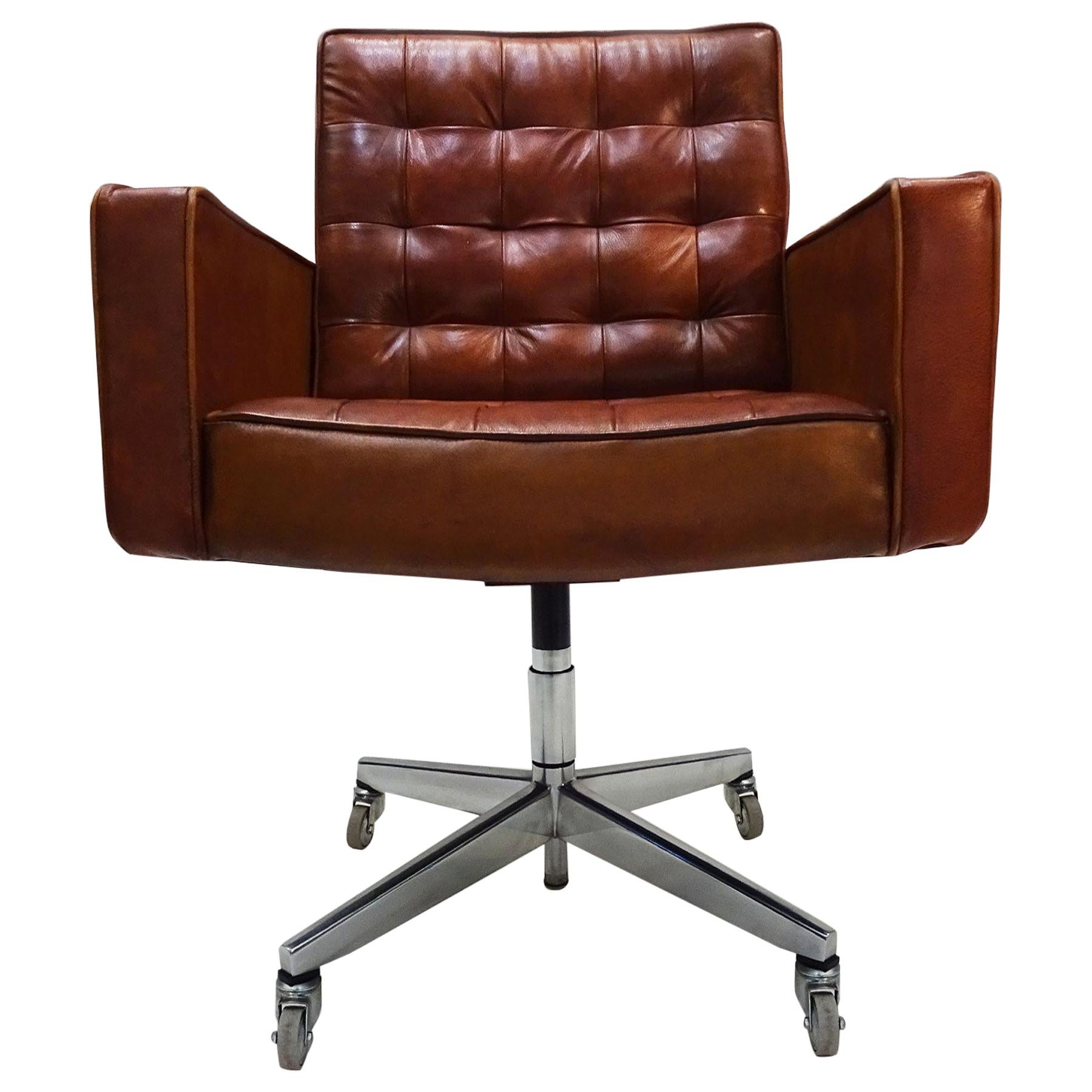 Midcentury Knoll Cognac Leather and Aluminum Task Chair by Vincent Cafiero