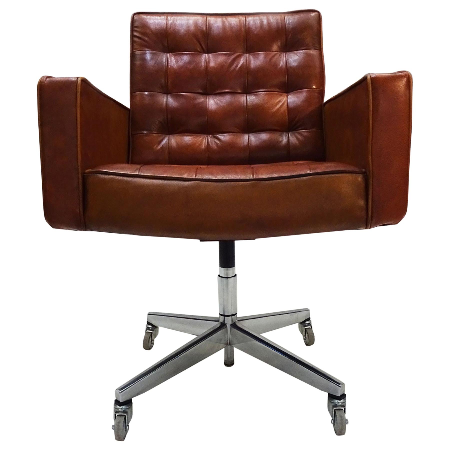 Midcentury Knoll Cognac Leather and Aluminum Task Chair by Vincent