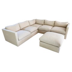 Mid Century Knoll Cream Knit L Shaped Sofa Sectional & Matching Square Ottoman