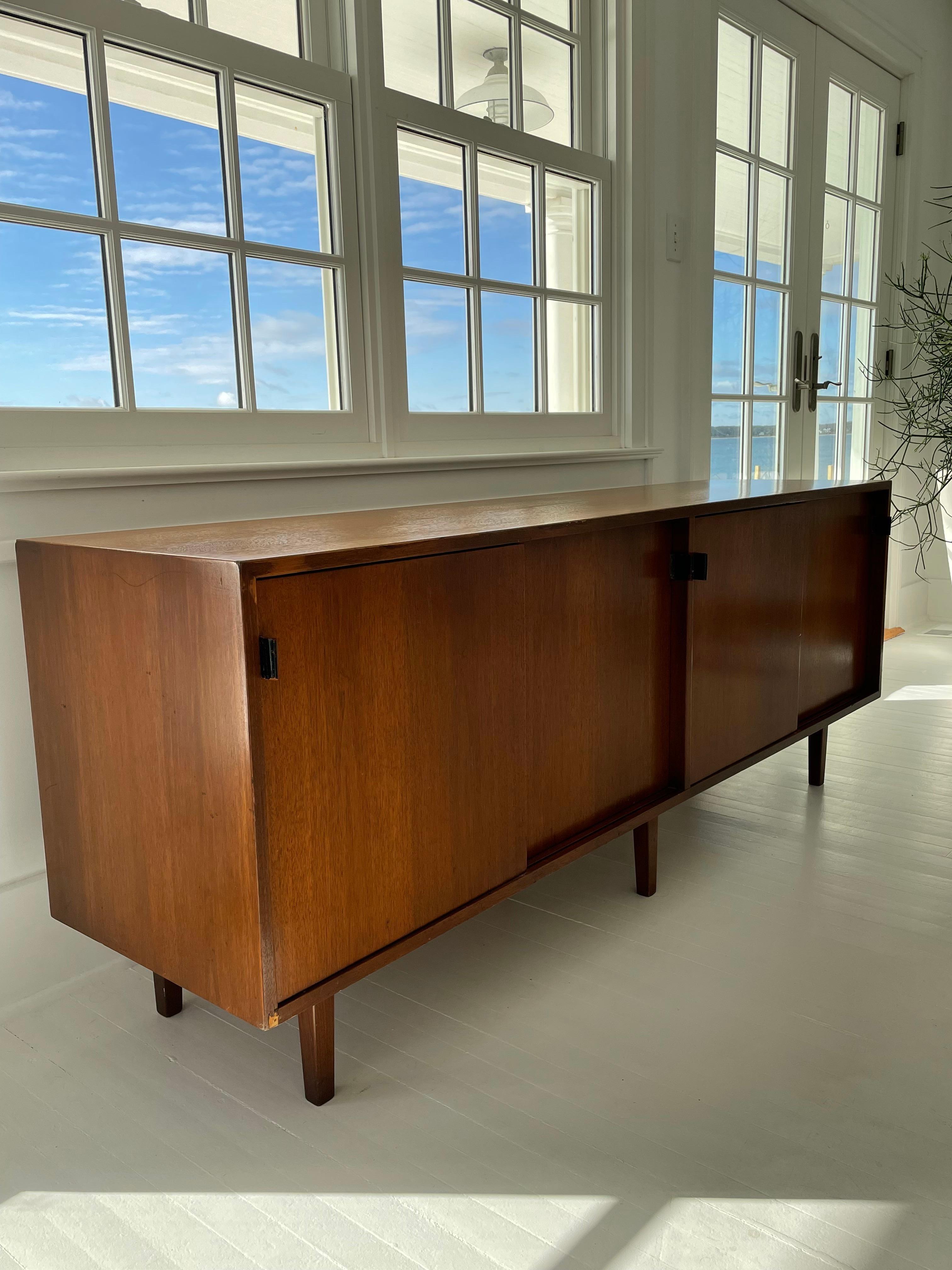 Mid Century Knoll Four Door Walnut Credenza with Leather Pulls  For Sale 2