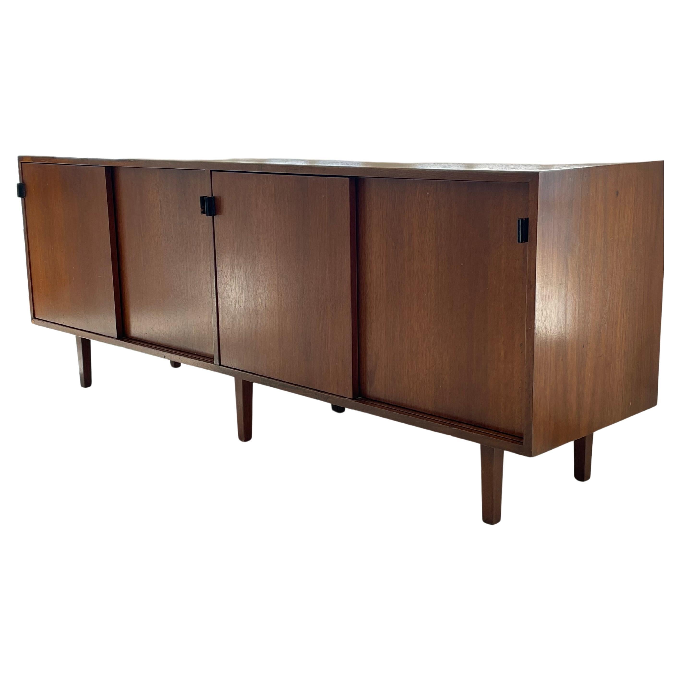 Mid Century Knoll Four Door Walnut Credenza with Leather Pulls  For Sale