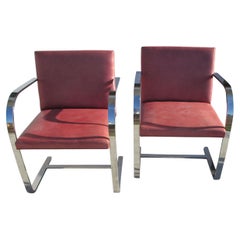 Midcentury Knoll Mies Van Der Rohe Brno Stainless Steel Flat Bar Chairs-Pair