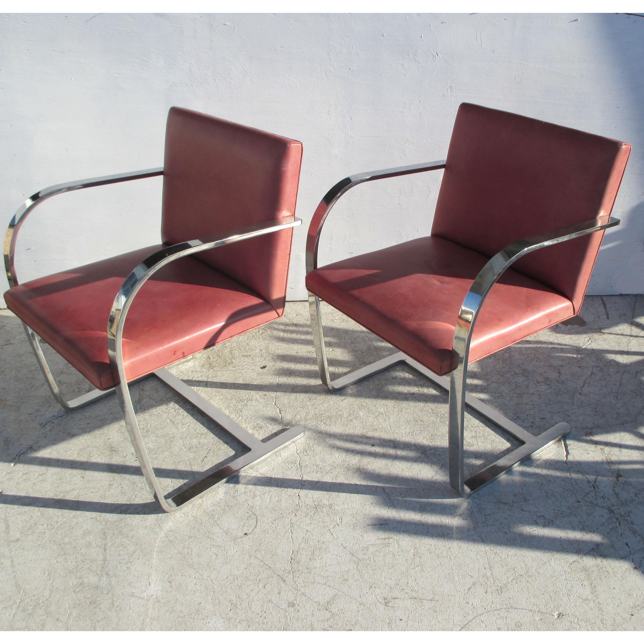 Mid-Century Modern Midcentury Knoll Mies Van Der Rohe Brno Stainless Steel Flat Bar Chairs-Pair For Sale