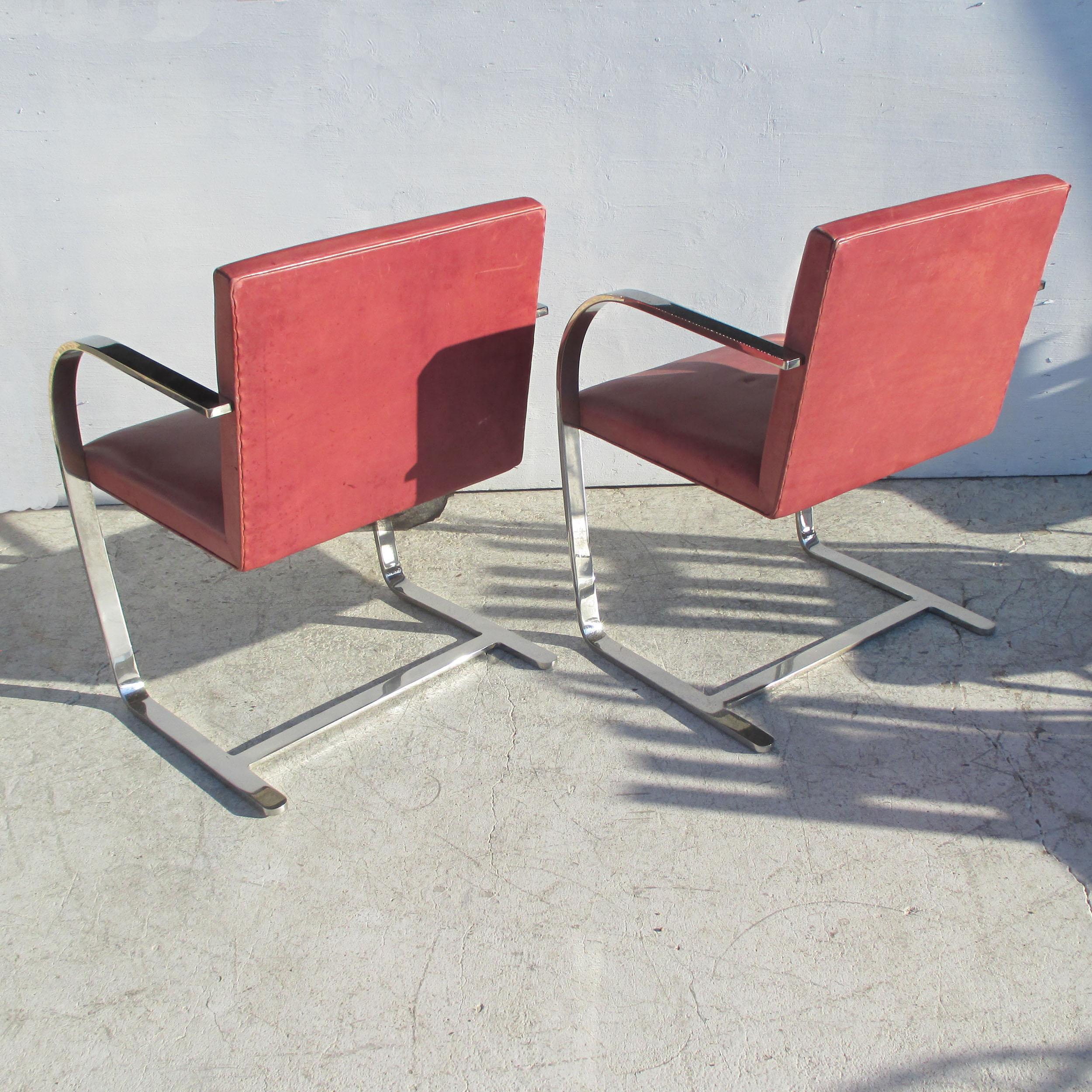 North American Midcentury Knoll Mies Van Der Rohe Brno Stainless Steel Flat Bar Chairs-Pair For Sale