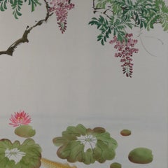 Mid-Century Koi Fish and Tree Painted Silk Panel