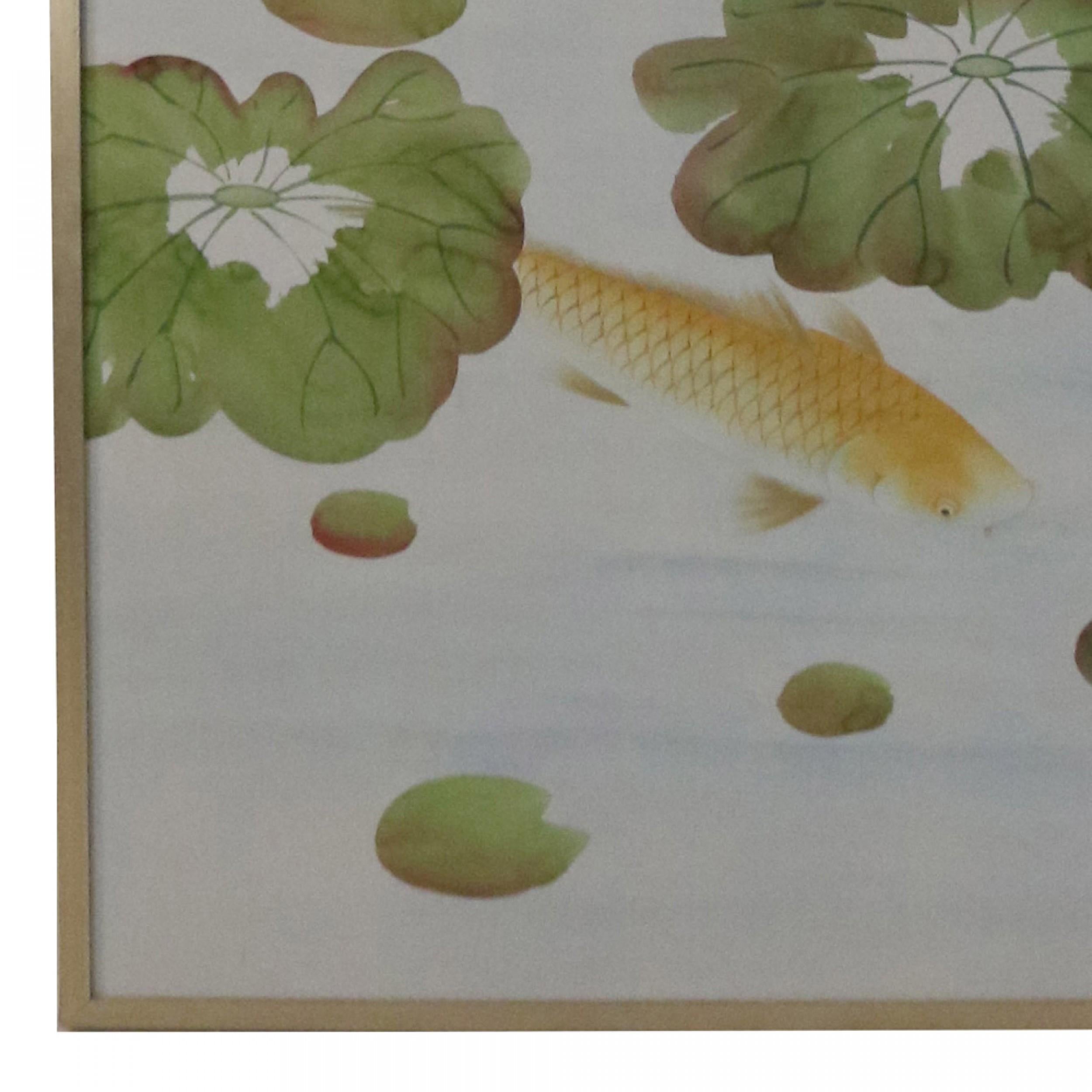 Mid-Century Modern Panneau de soie peinte du milieu du siècle représentant un poisson KOI et un arbre en vente