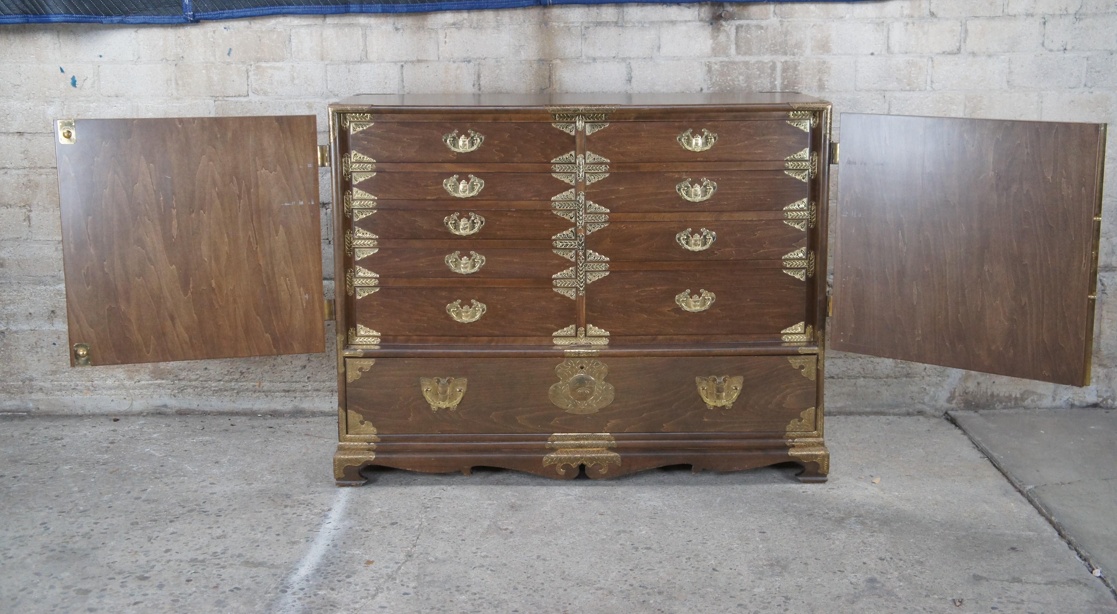Chinoiserie Mid Century Korean Pine Tansu Dowry Silver Chest Buffet Server Cabinet Campaign
