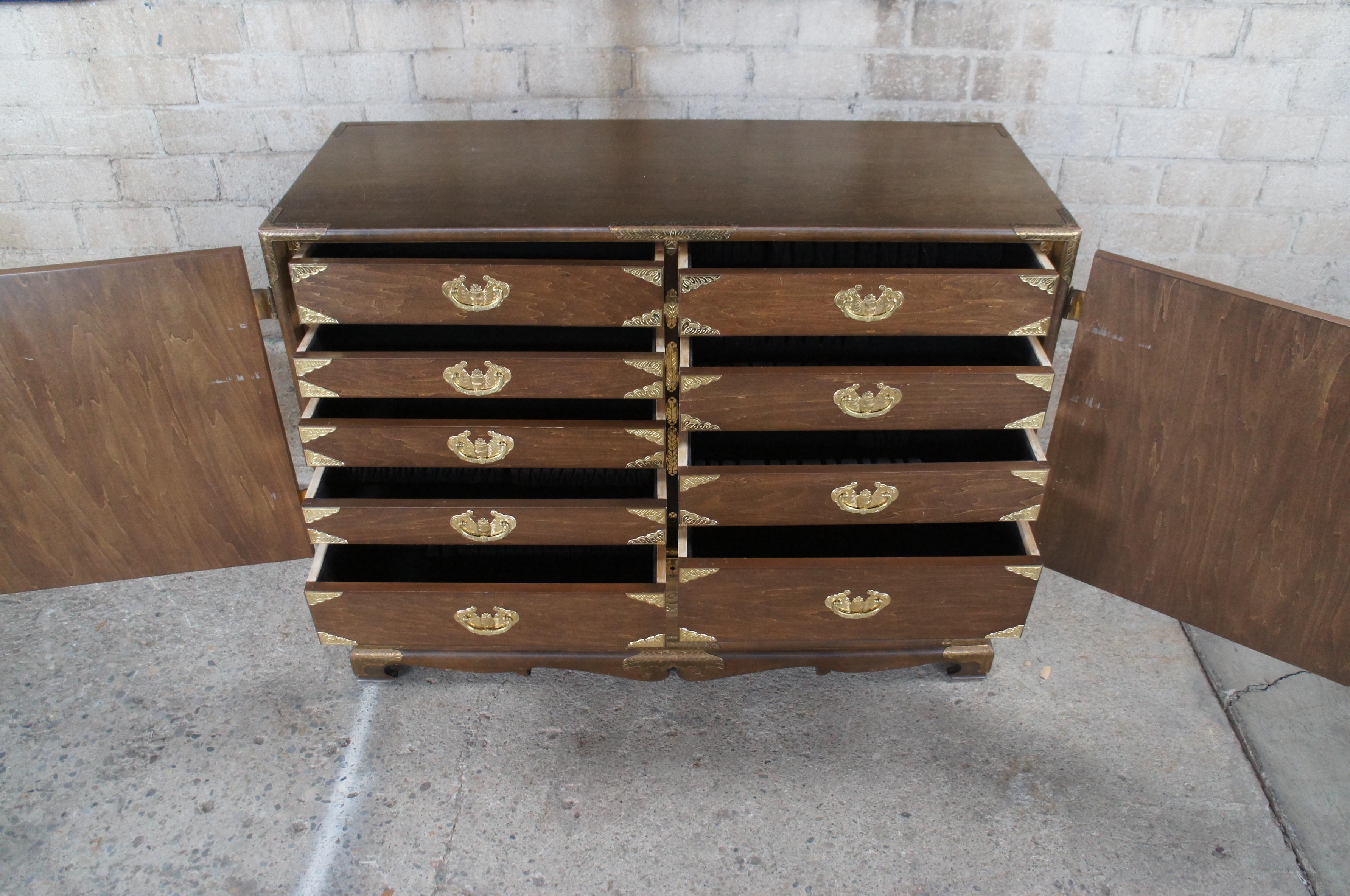 Brass Mid Century Korean Pine Tansu Dowry Silver Chest Buffet Server Cabinet Campaign