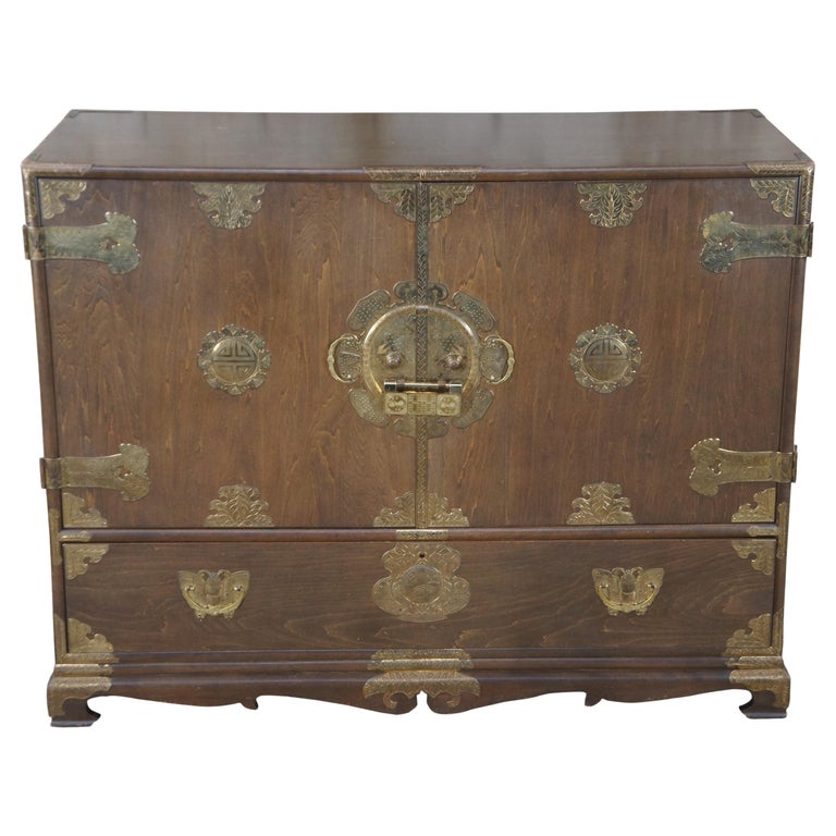 Mid Century Korean Pine Tansu Dowry Silver Chest Buffet Server