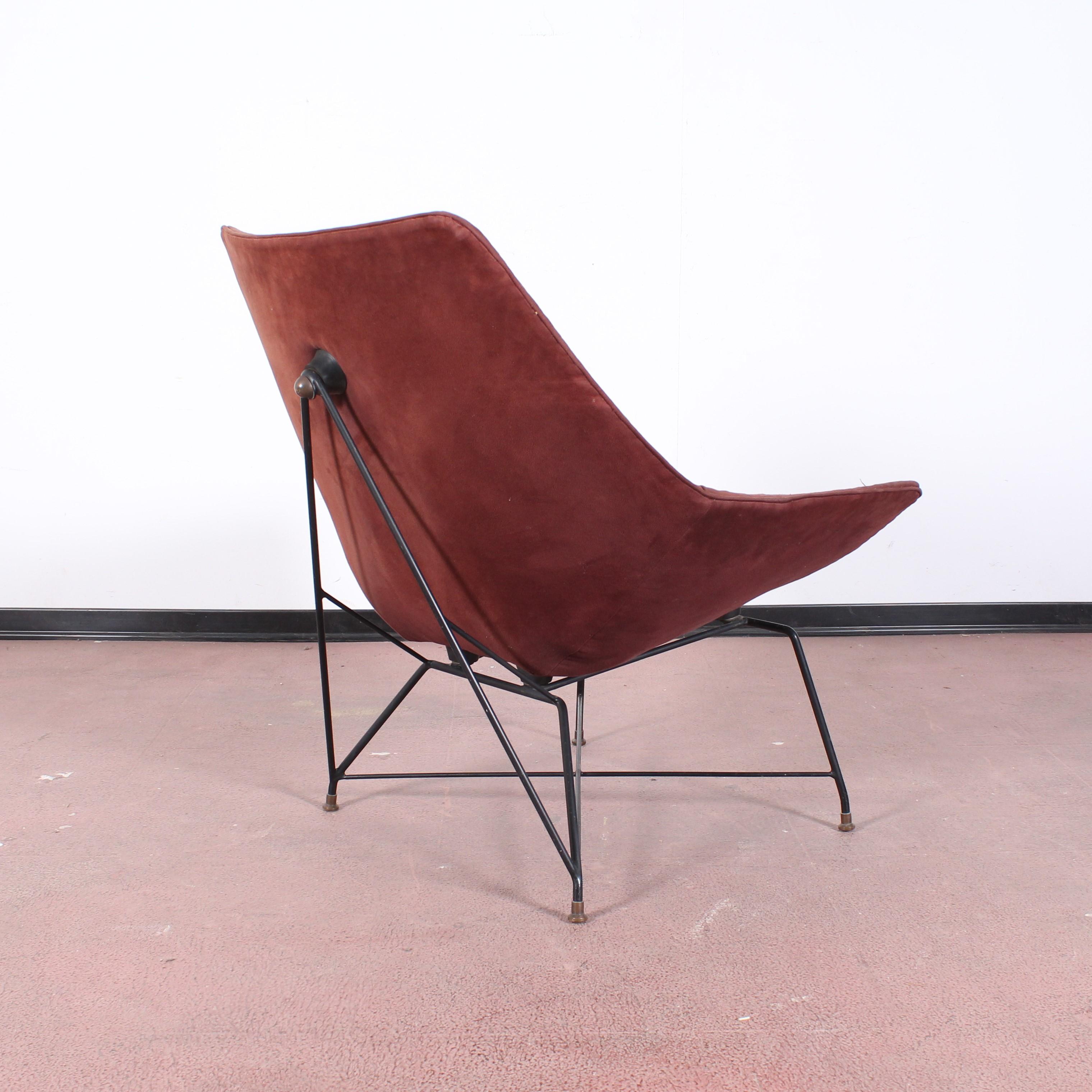 Midcentury Cosmos Armchair A. Bozzi for Saporiti, Plywood Metal and Velvet 1950s In Good Condition In Palermo, IT