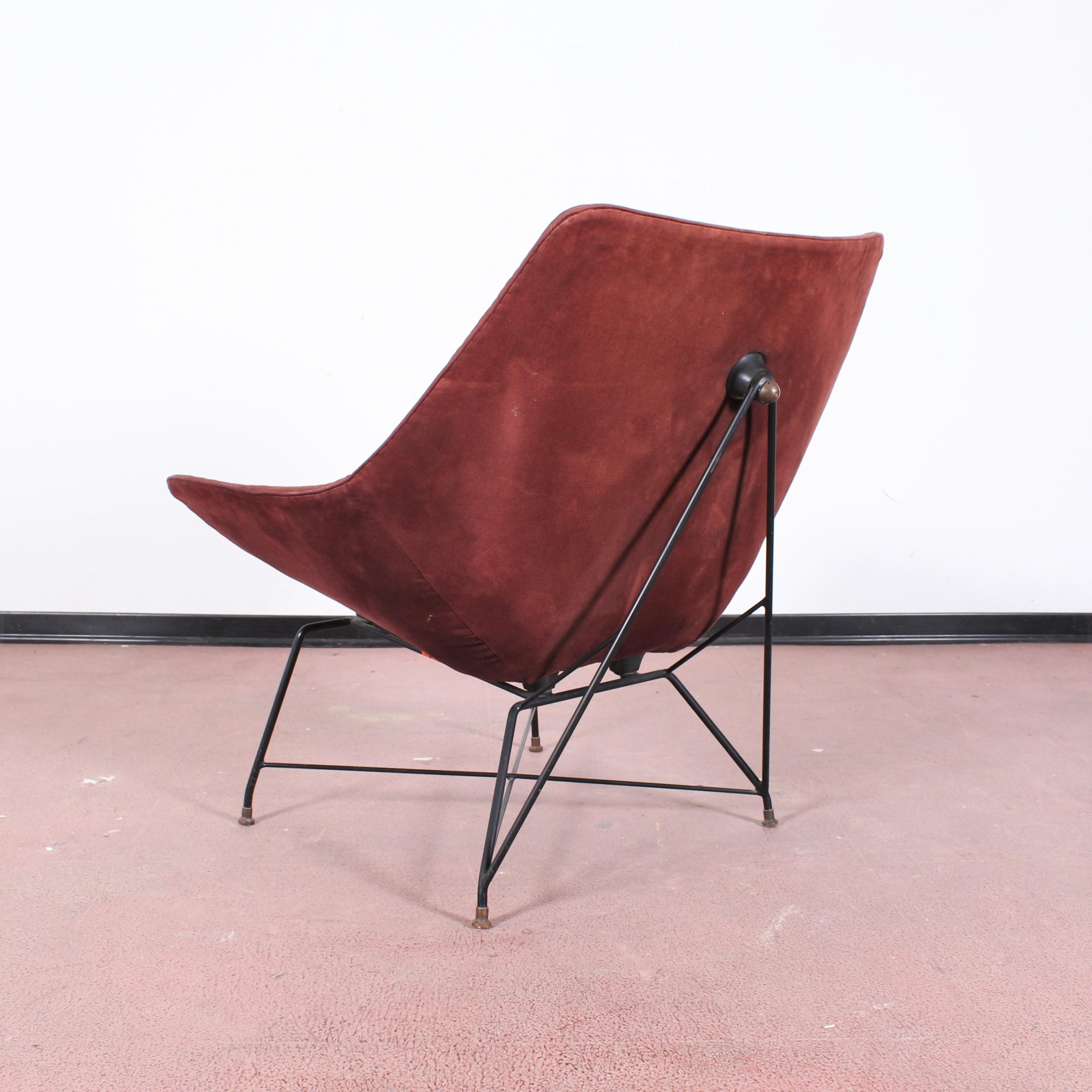 Midcentury Cosmos Armchair A. Bozzi for Saporiti, Plywood Metal and Velvet 1950s 1