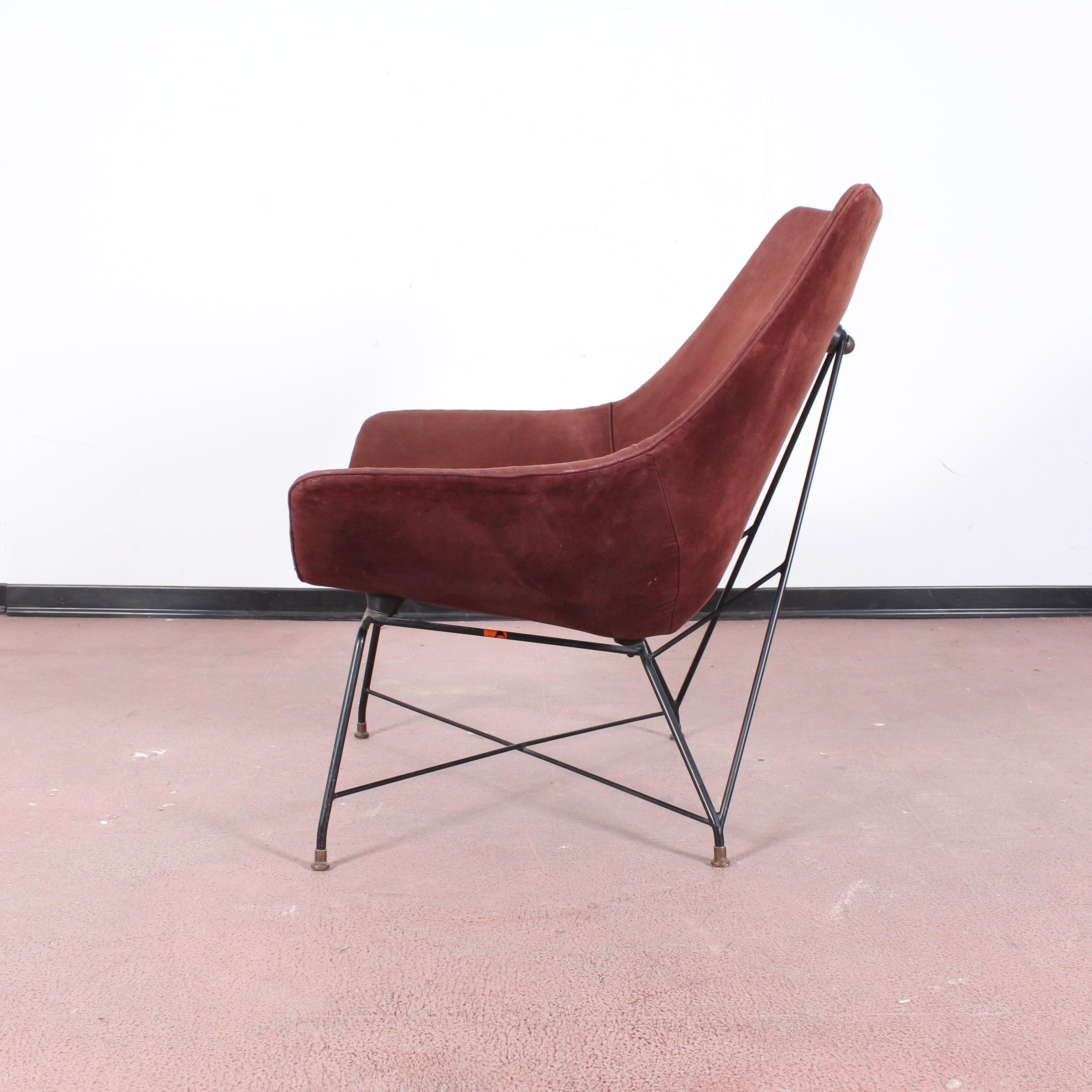 Midcentury Cosmos Armchair A. Bozzi for Saporiti, Plywood Metal and Velvet 1950s 2