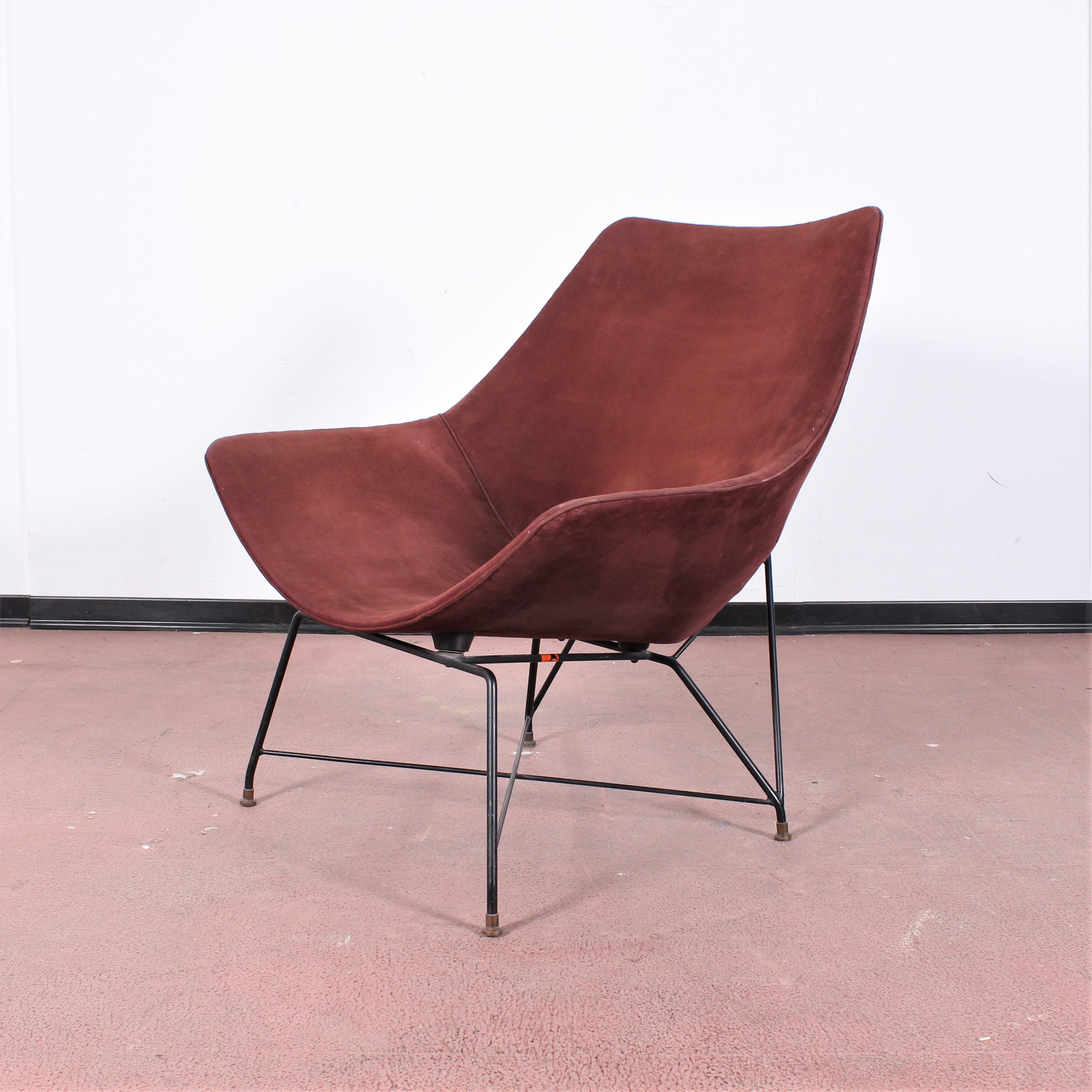Midcentury Cosmos Armchair A. Bozzi for Saporiti, Plywood Metal and Velvet 1950s 3