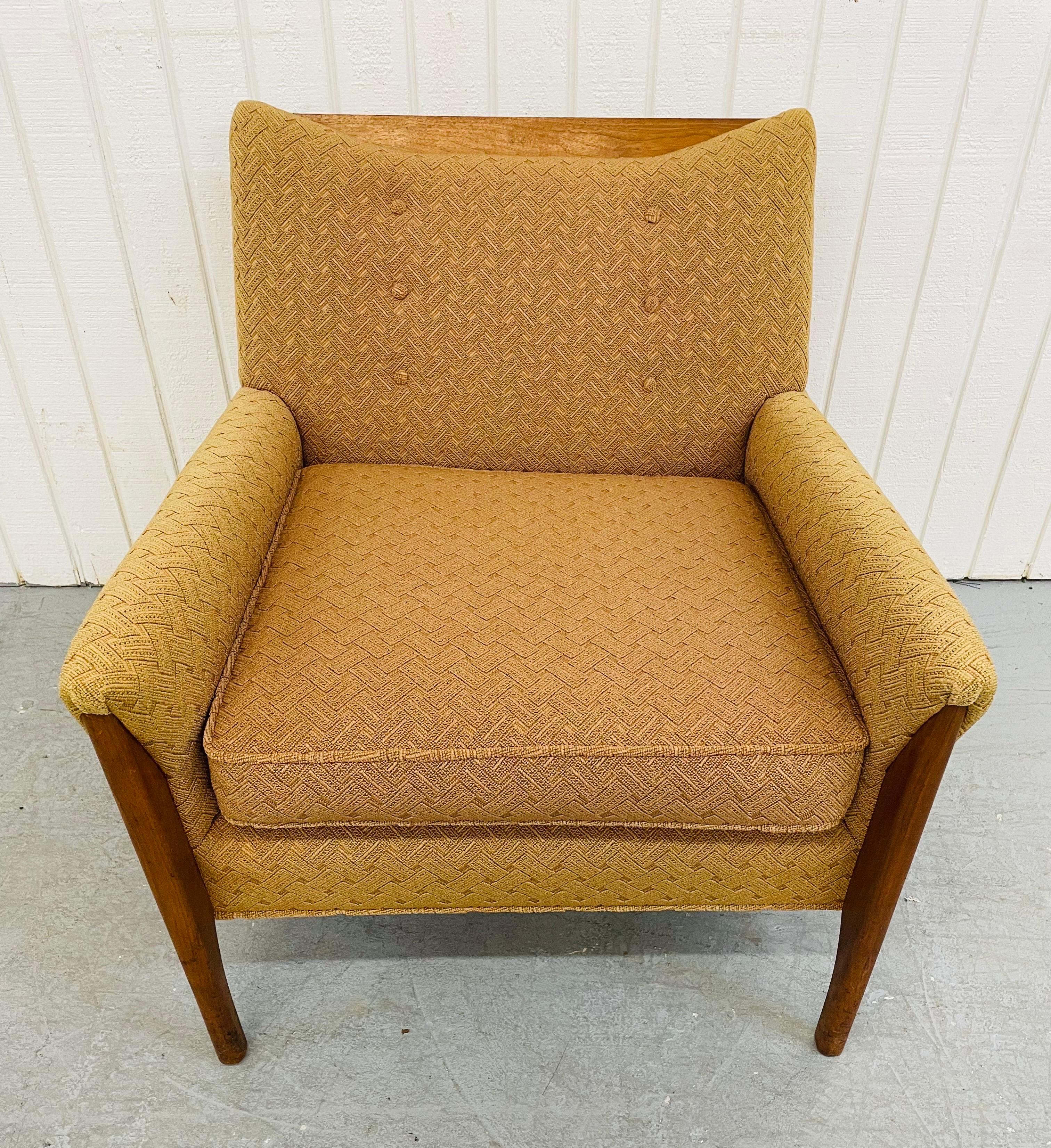 This listing is for a mid-century Kroehler style walnut arm chair. Featuring the original golden woven upholstery, walnut legs and accent on the backrest, and removable cushion.