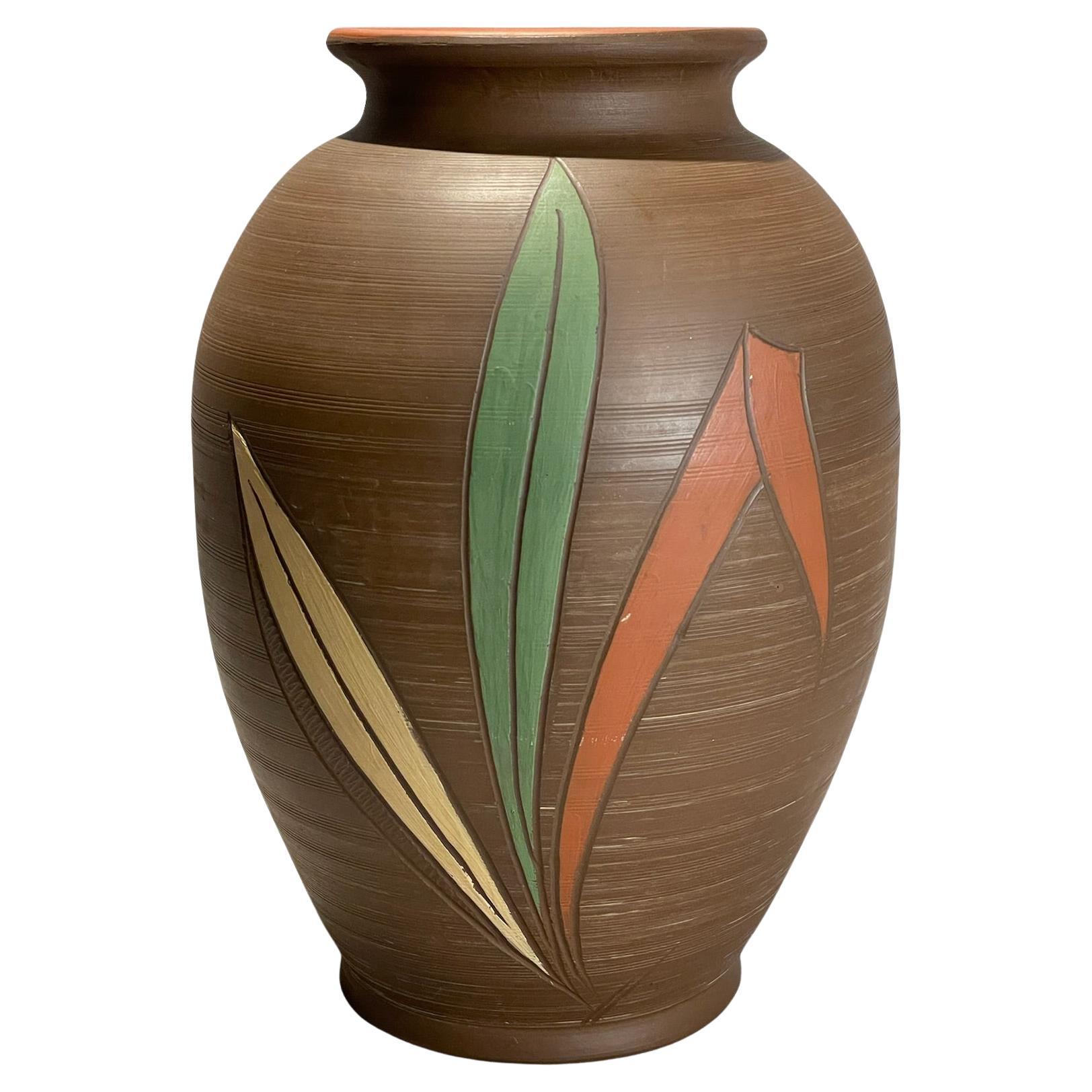 Mid-Century Küle Keramik West German Terracotta Vase with Hand-Carved Leaf Motif For Sale