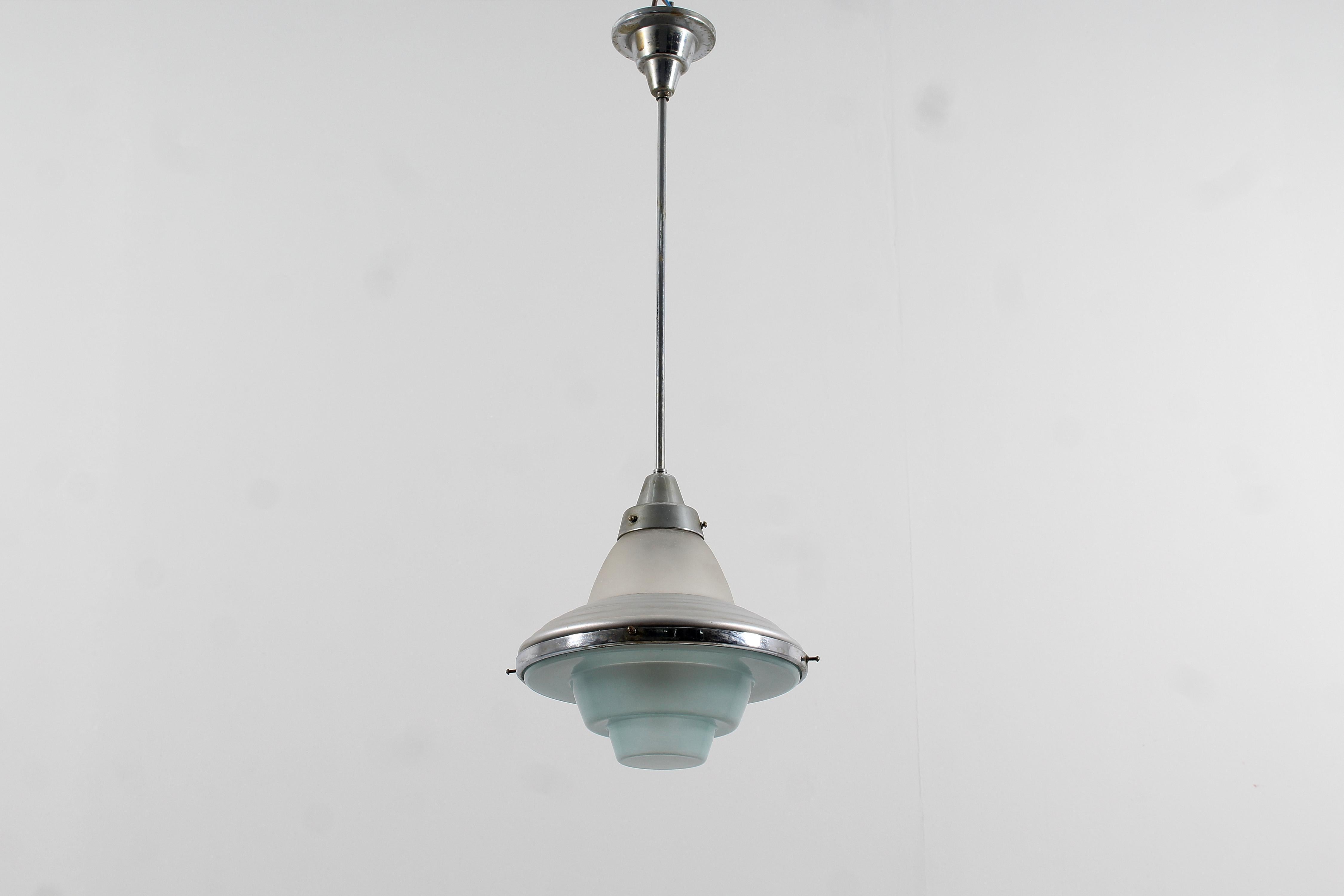 Dutch Mid-Century L. Kalff for Philips Metal and Glass Suspension Lamp 50s Netherlands For Sale