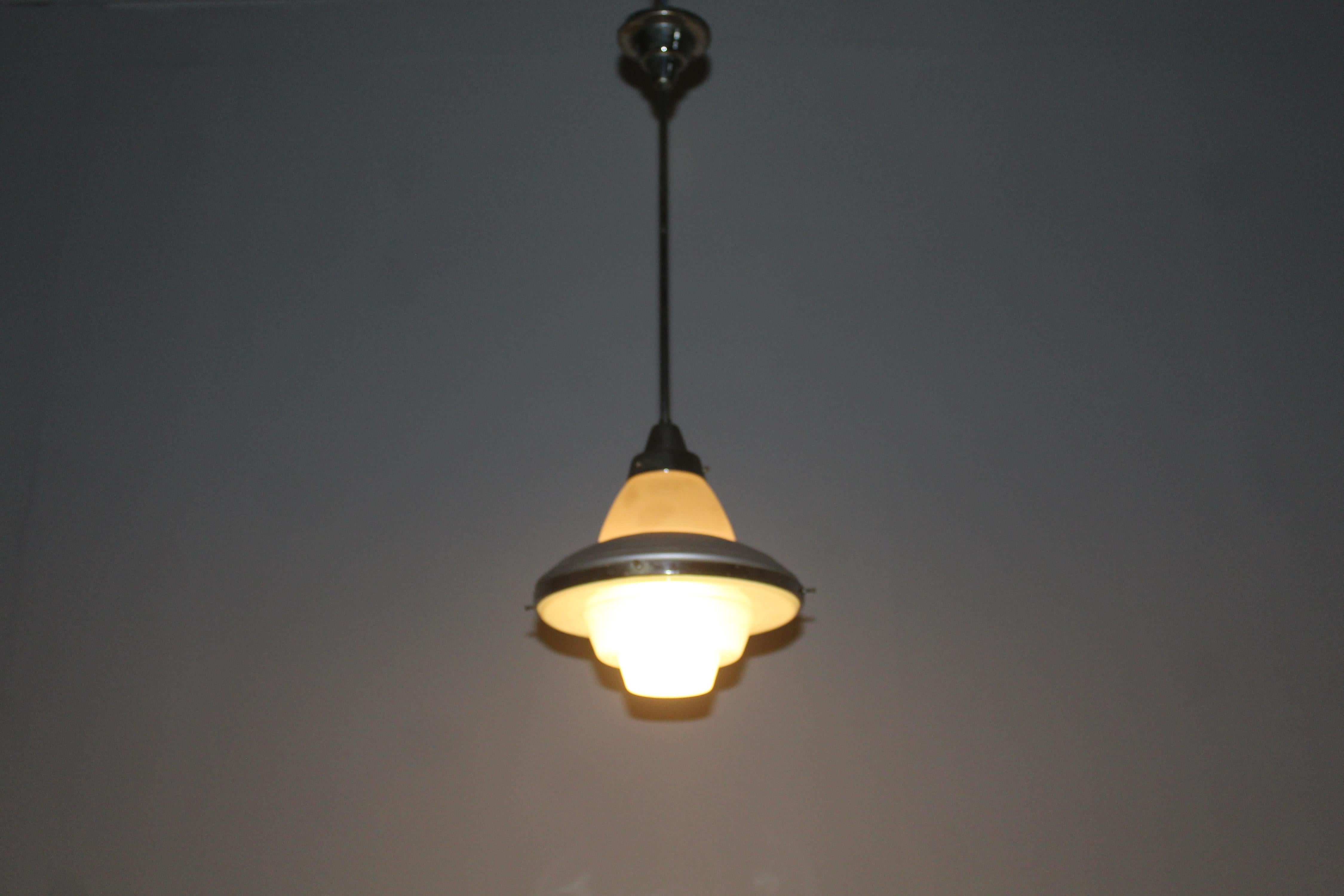 Mid-Century L. Kalff for Philips Metal and Glass Suspension Lamp 50s Netherlands For Sale 2