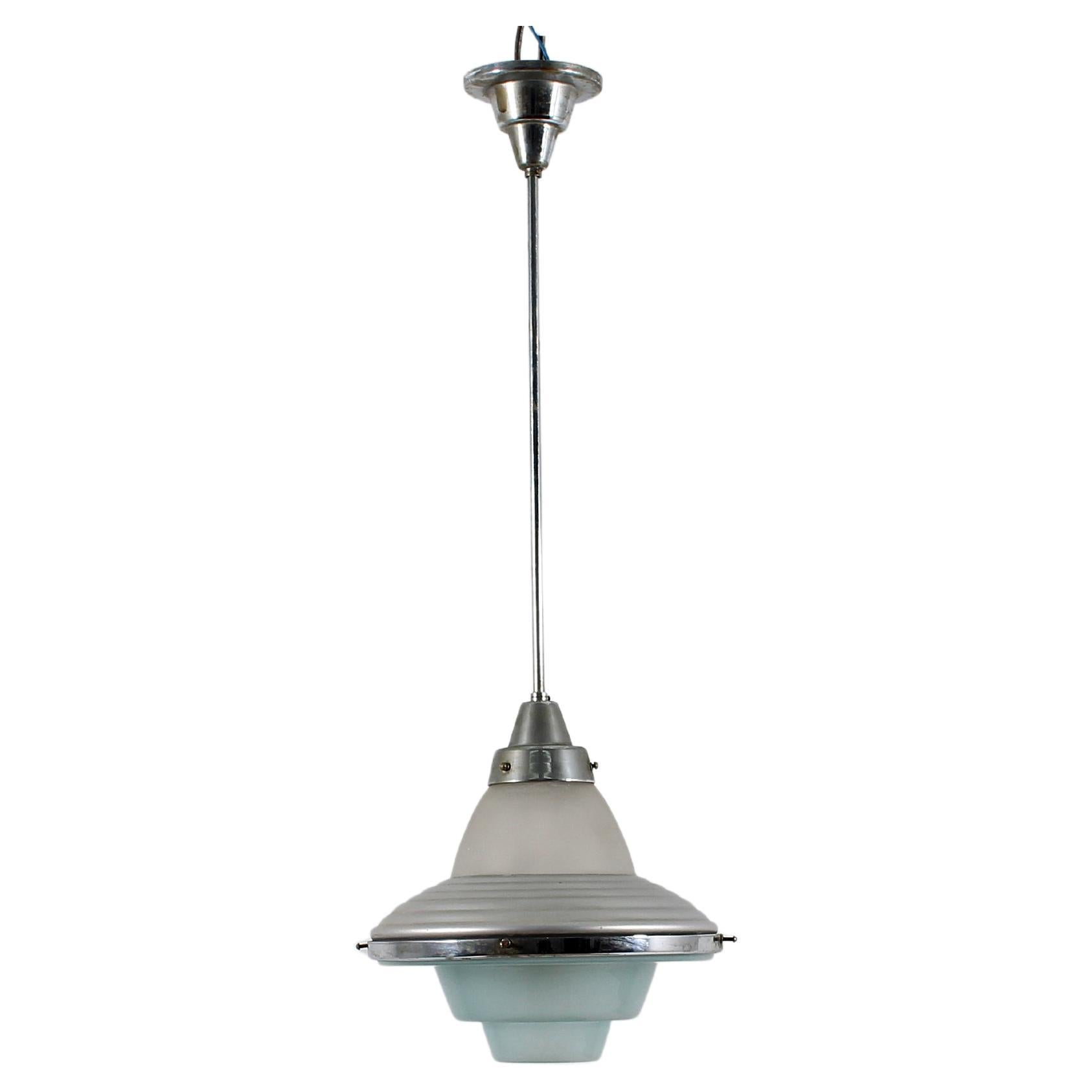 Mid-Century L. Kalff for Philips Metal and Glass Suspension Lamp 50s Netherlands For Sale