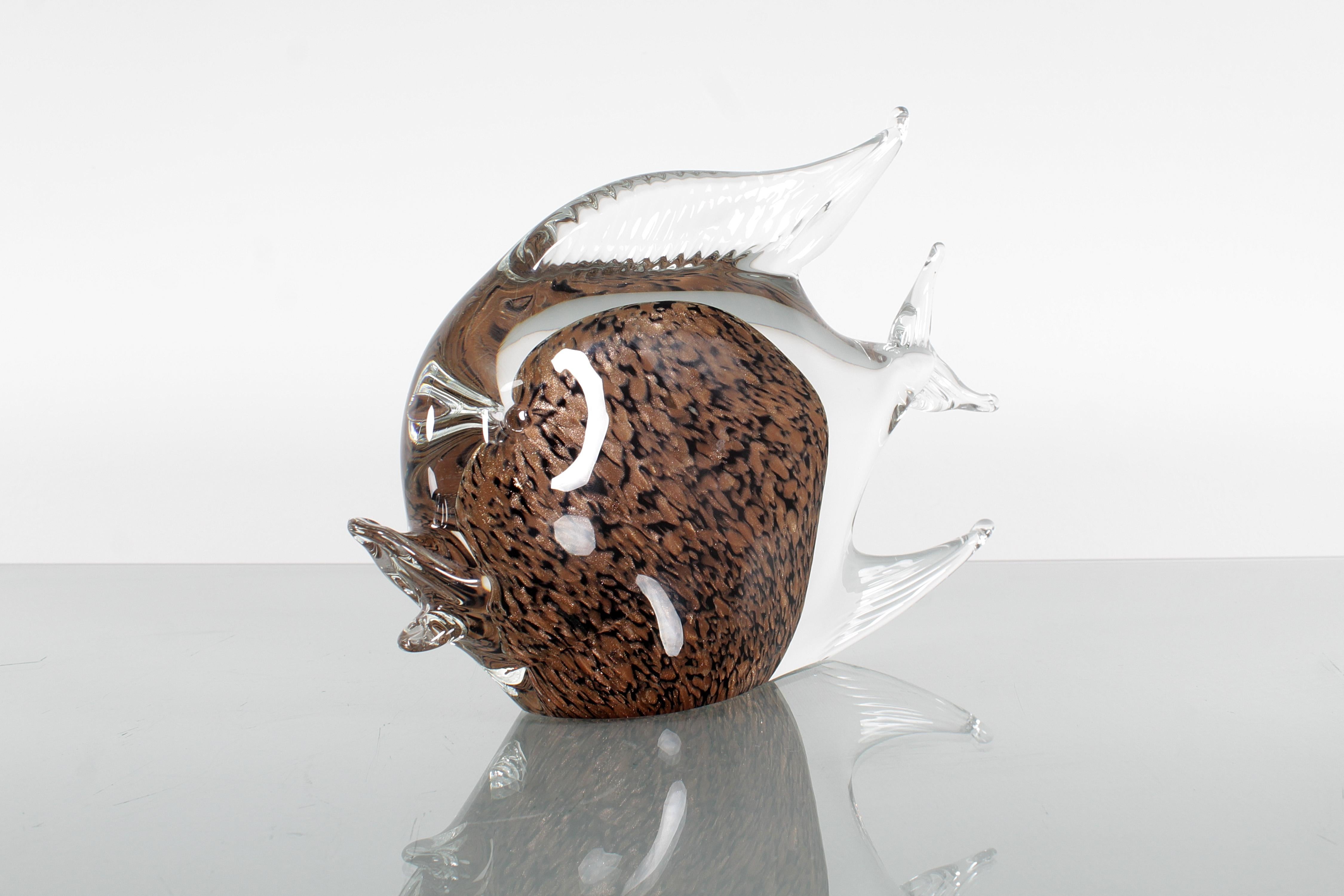Submerged Murano glass fish with bronze and black aventurine, scratch-signed 