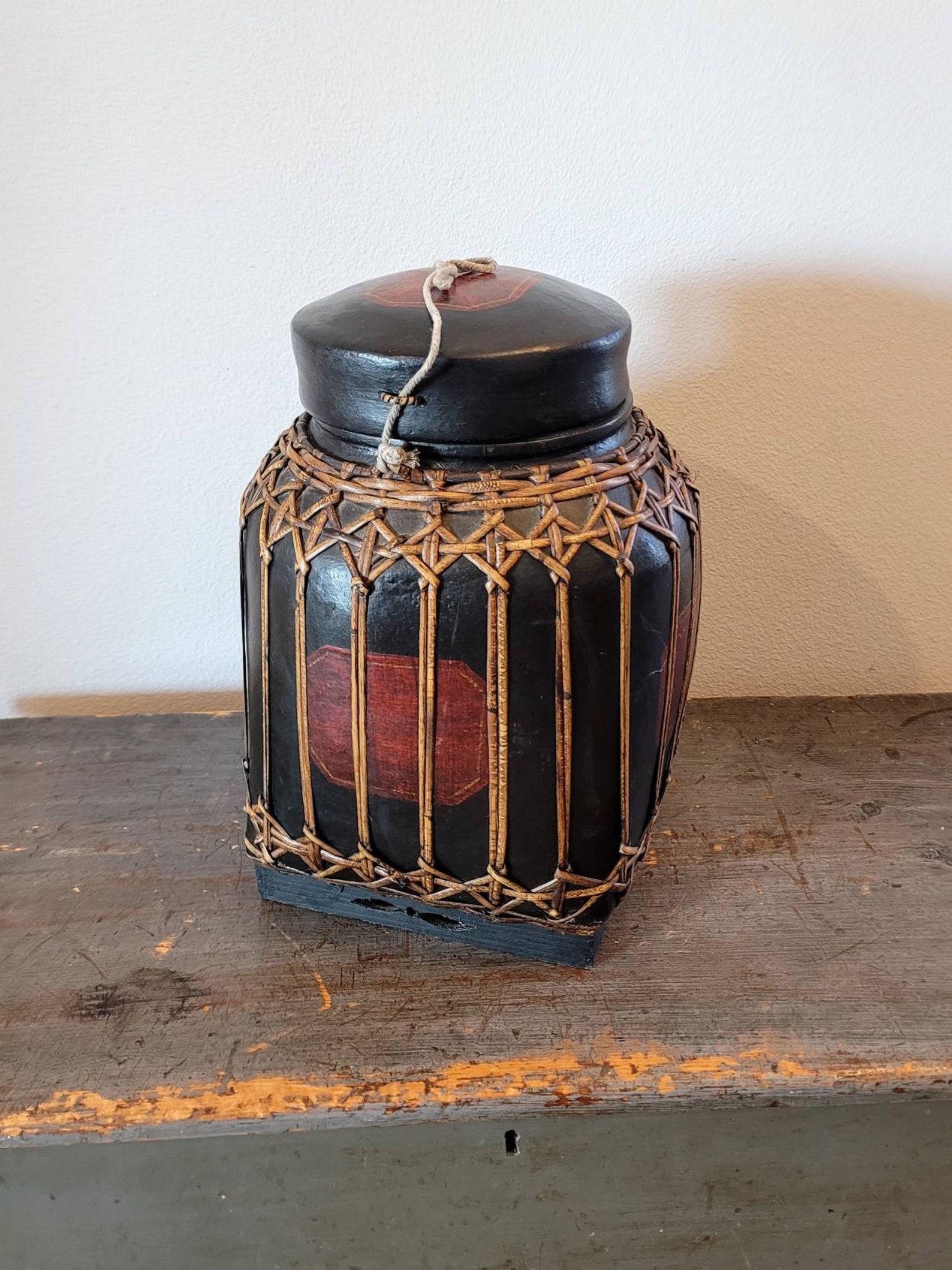 Asian Mid-Century Lacquered Bamboo Lidded Rice Basket For Sale