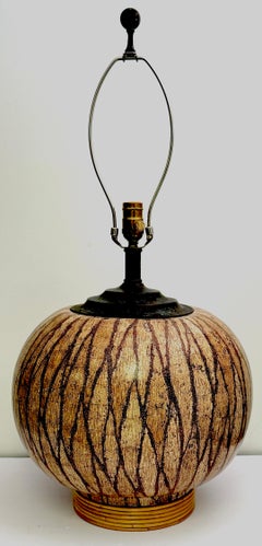 Mid Century Lacquered Coconut Shell Inlay Gourd-Form Table Lamp on Rattan Base