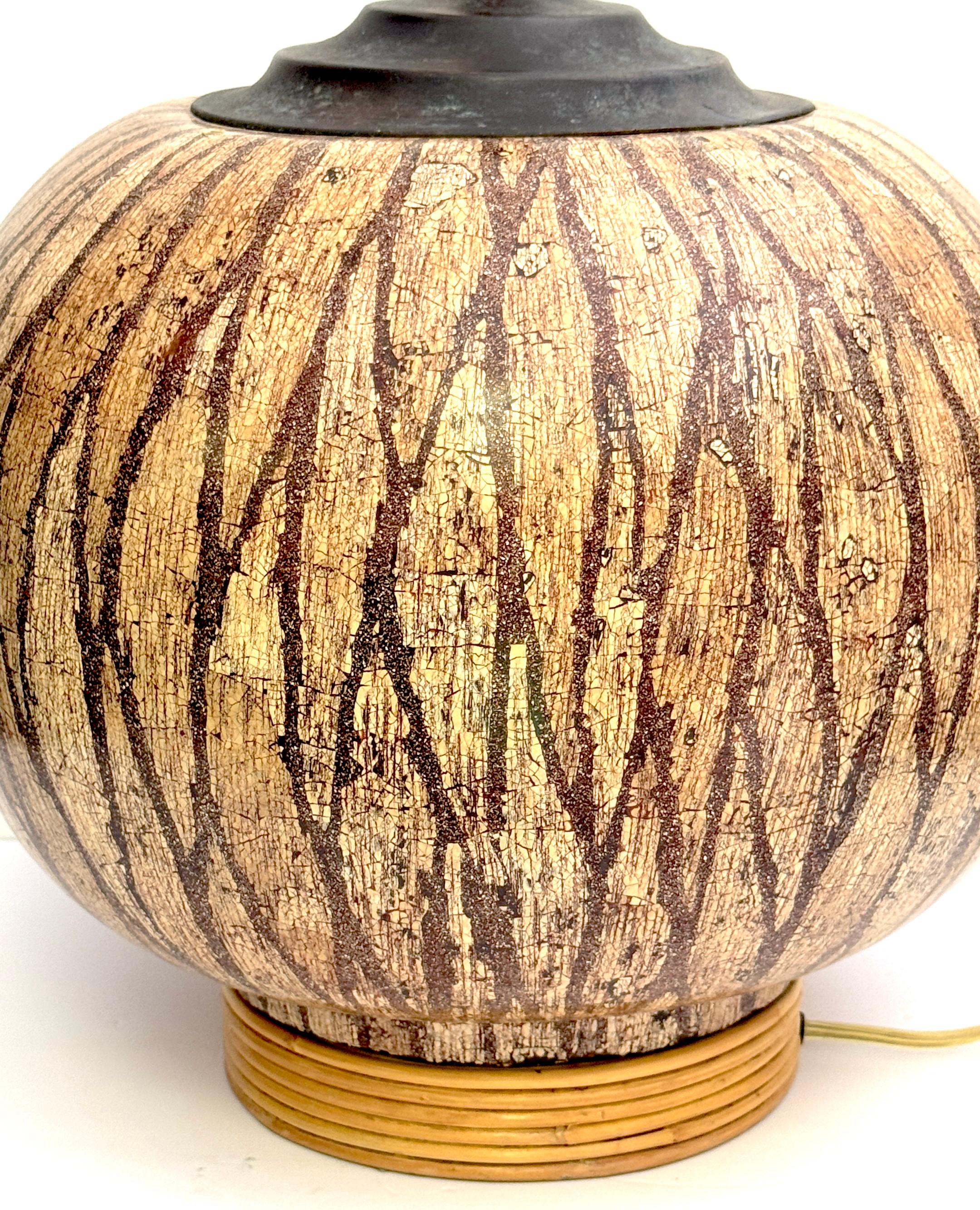 20th Century Mid Century Lacquered Coconut Shell Inlay Gourd-Form Table Lamp on Rattan Base For Sale