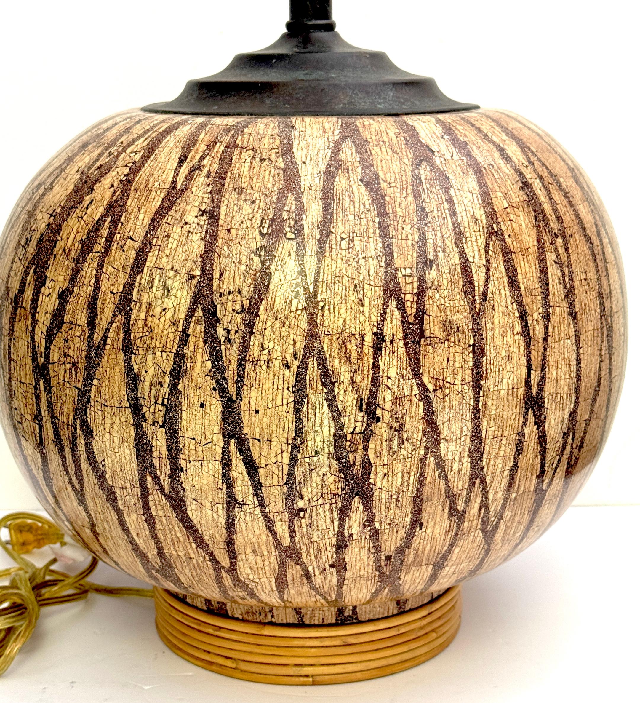 Bronze Mid Century Lacquered Coconut Shell Inlay Gourd-Form Table Lamp on Rattan Base For Sale