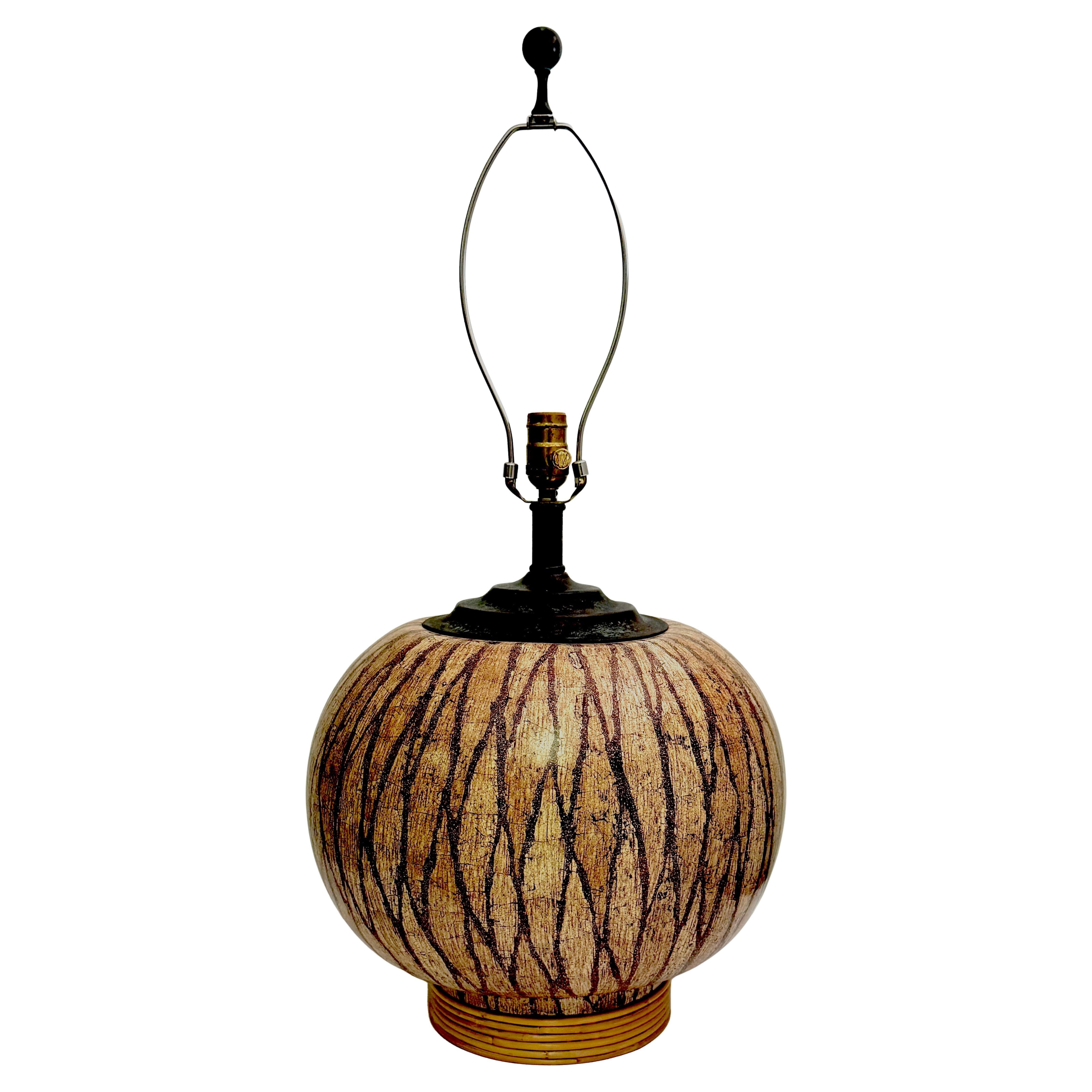 Mid Century Lacquered Coconut Shell Inlay Gourd-Form Table Lamp on Rattan Base