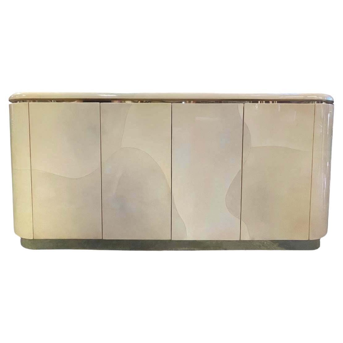 Midcentury Lacquered Credenza with Brass Trims For Sale