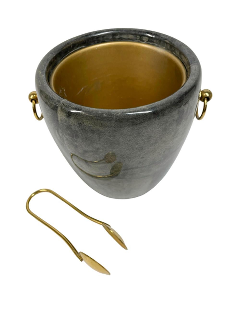 Mid-Century Modern Mid-Century Lacquered Parchment Aldo Tura Ice Bucket w/Gilt Ring Handles & Tongs For Sale