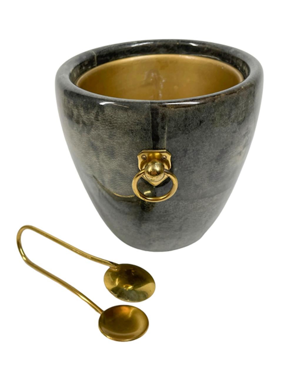 Italian Mid-Century Lacquered Parchment Aldo Tura Ice Bucket w/Gilt Ring Handles & Tongs For Sale