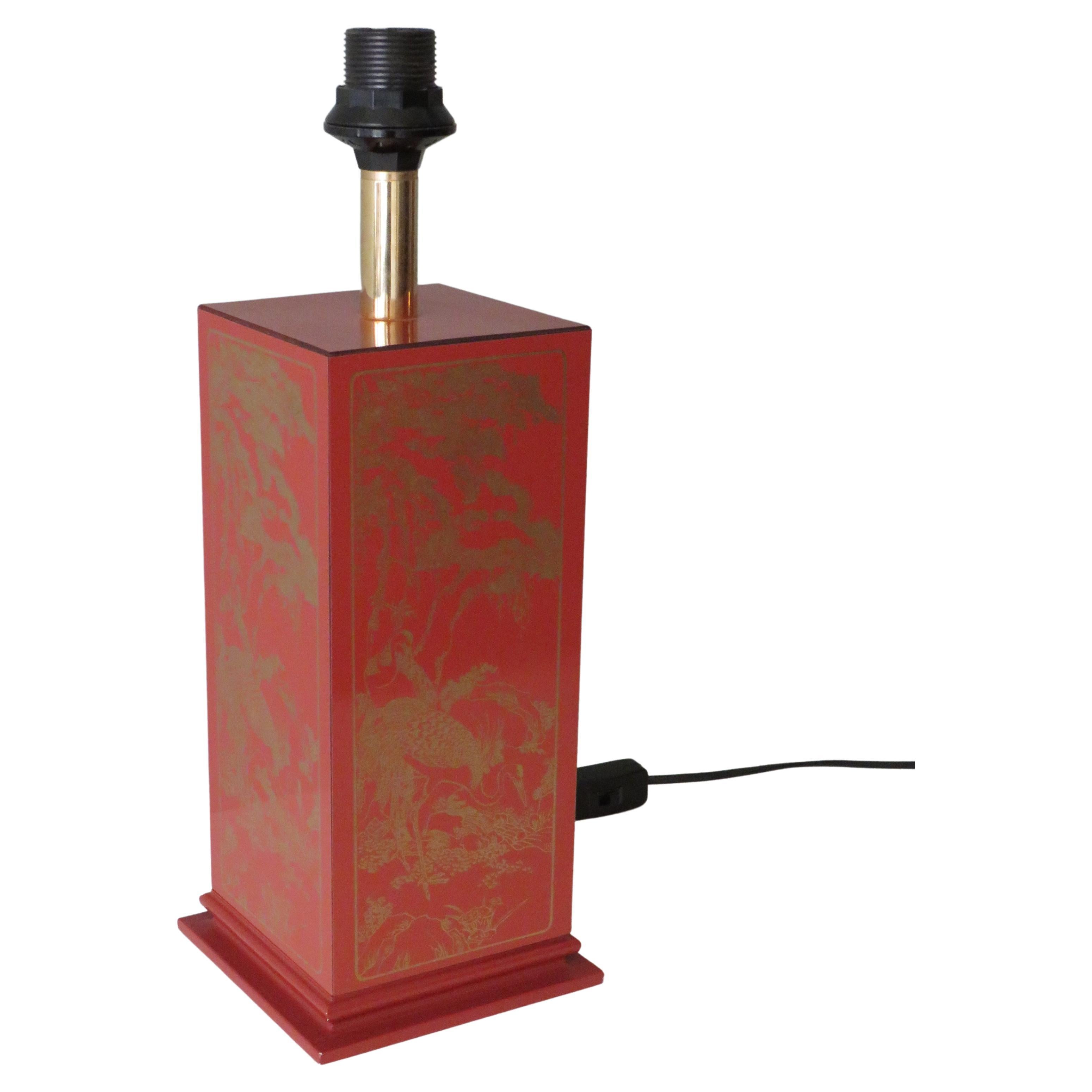 Mid Century Lacquered Wood Lamp Base with Oriental Motif, France 1960-1970 For Sale