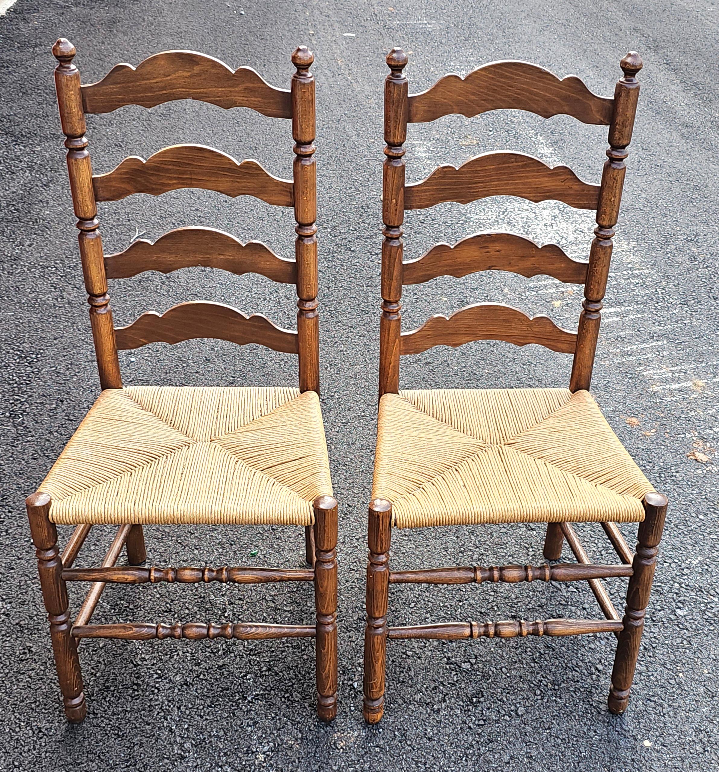 American Mid-Century  Ladder Back Maple and Rush Seats Side Chairs For Sale