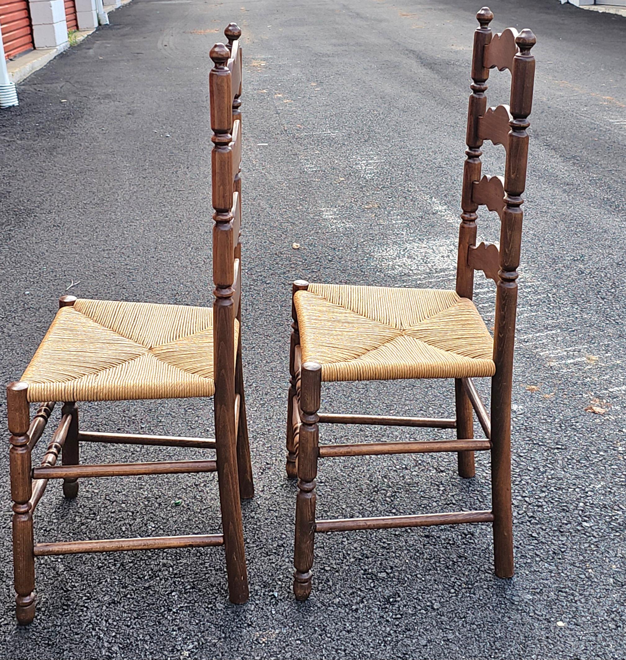 Stained Mid-Century  Ladder Back Maple and Rush Seats Side Chairs For Sale