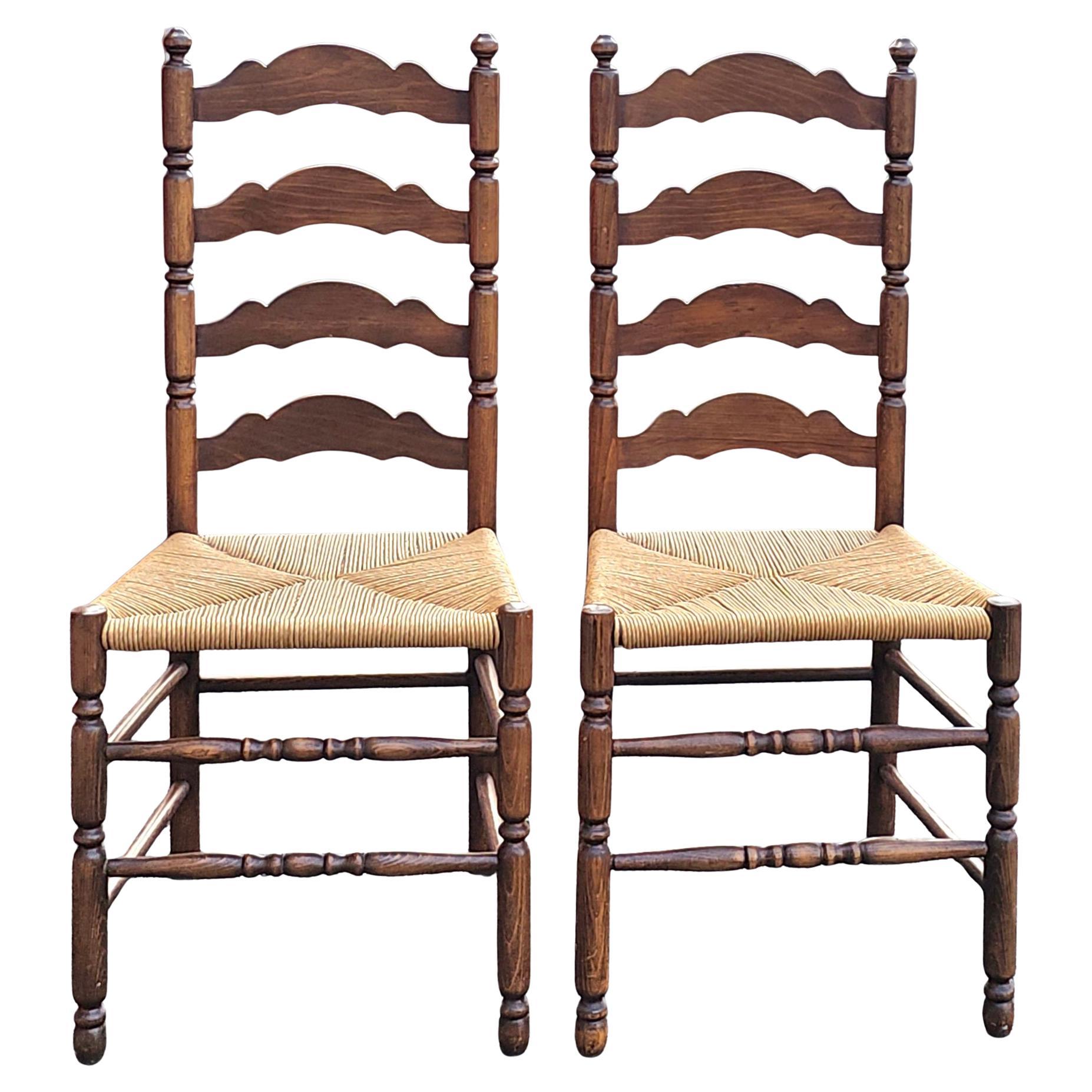 Mid-Century  Ladder Back Maple and Rush Seats Side Chairs For Sale