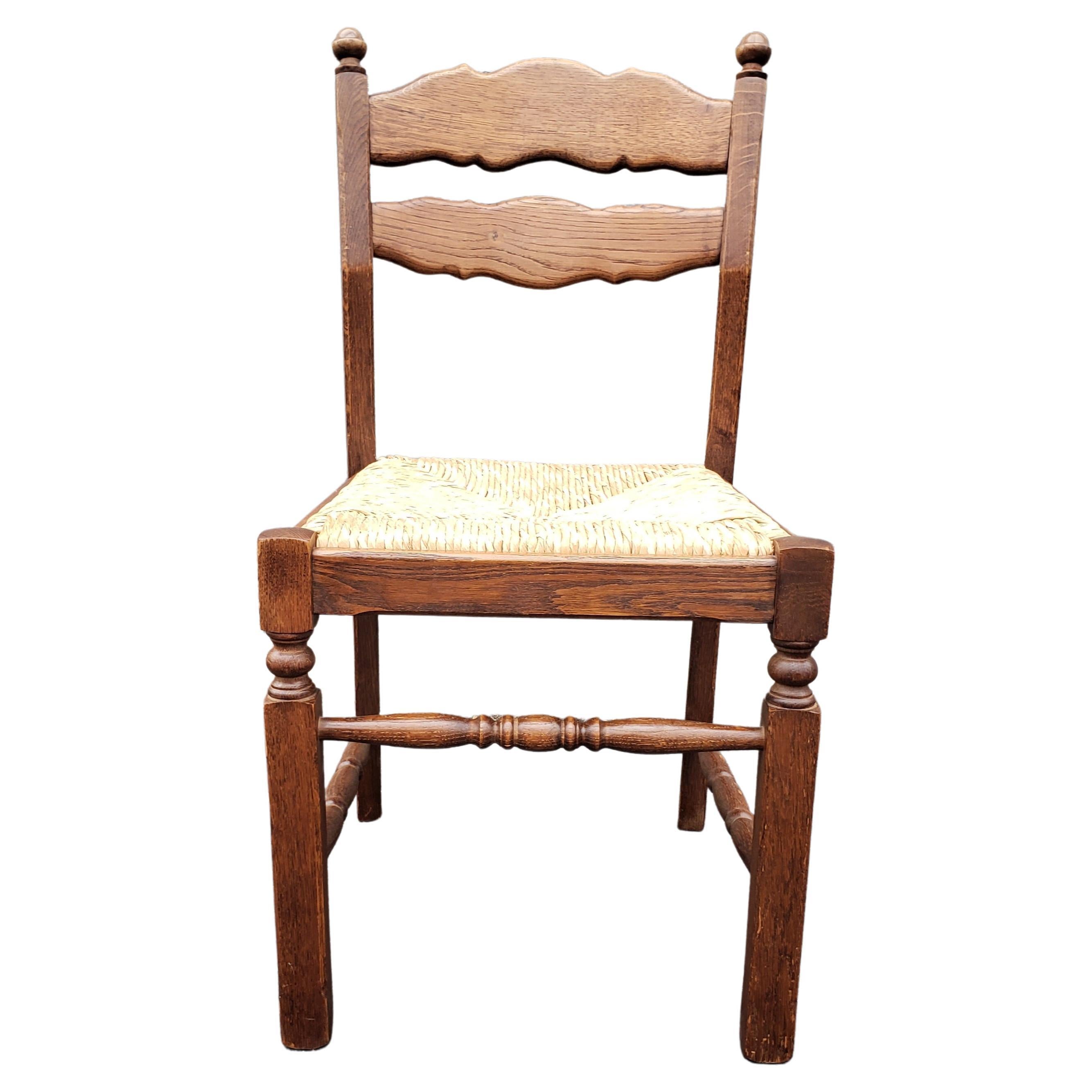 Midcentury Ladder Back Oak Side Chair with Newer Rush Seat For Sale