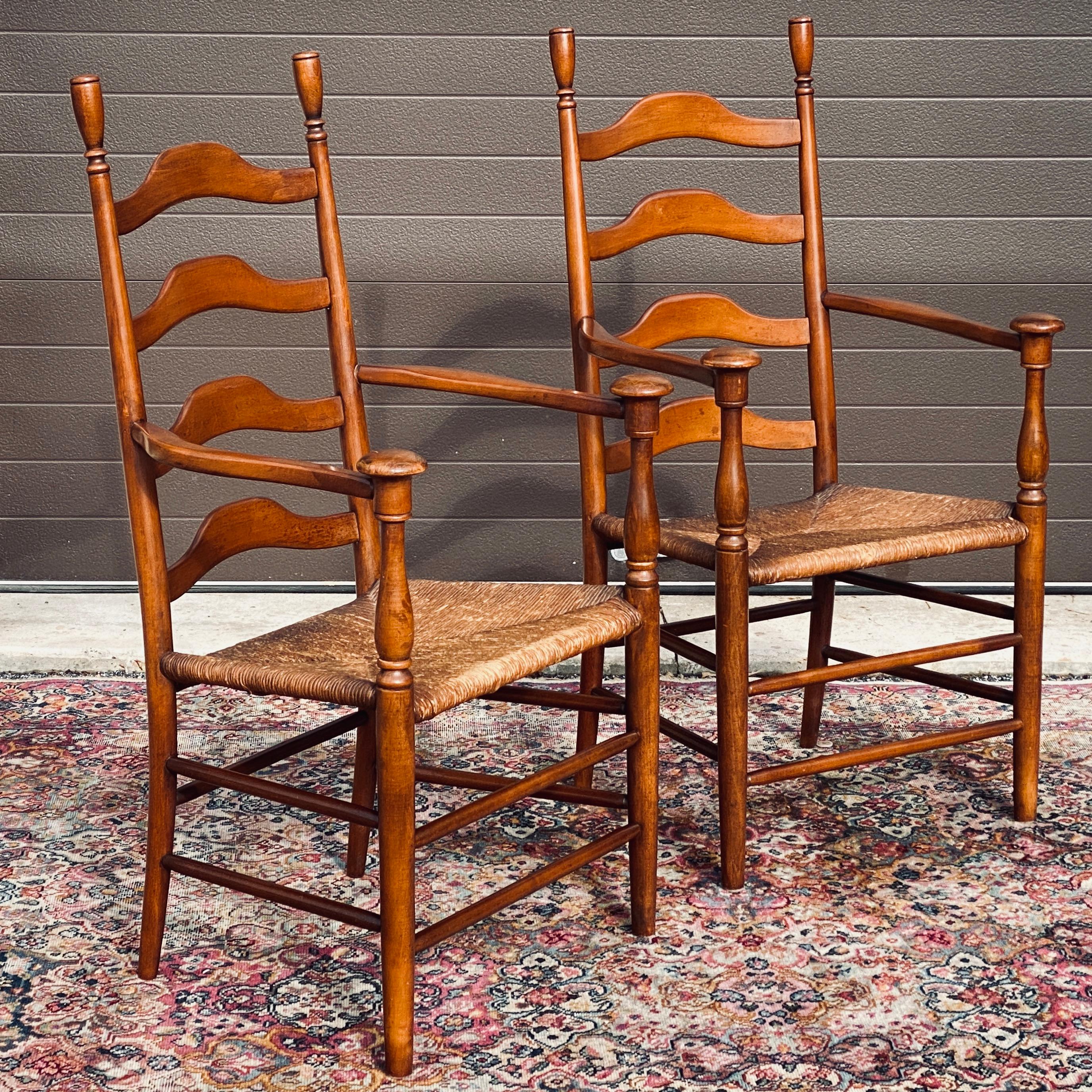 French Provincial Mid-Century Ladder Back Rush Seat Mushroom Cap Farmhouse Arm Chairs - a Pair