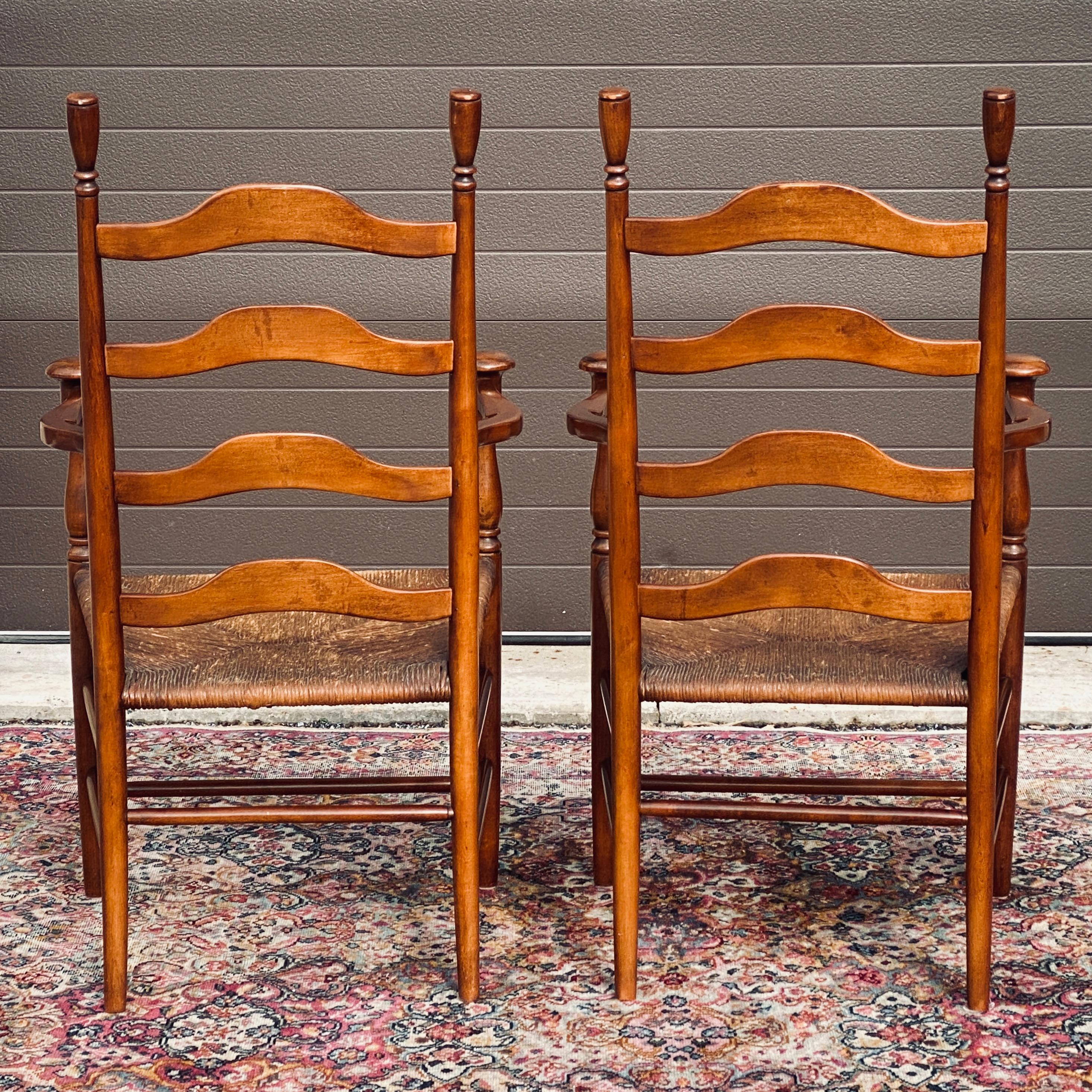 Hand-Crafted Mid-Century Ladder Back Rush Seat Mushroom Cap Farmhouse Arm Chairs - a Pair