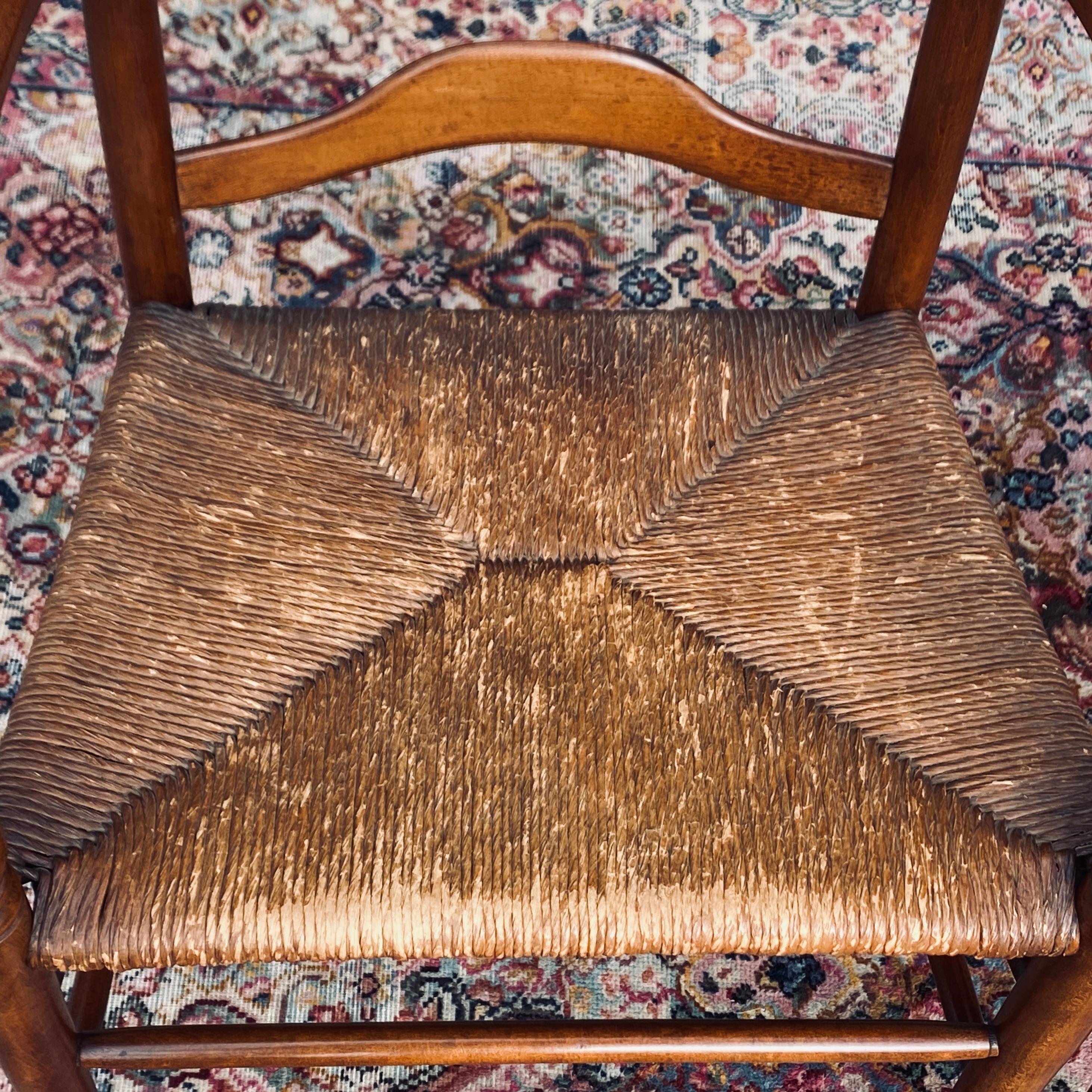 20th Century Mid-Century Ladder Back Rush Seat Mushroom Cap Farmhouse Arm Chairs - a Pair