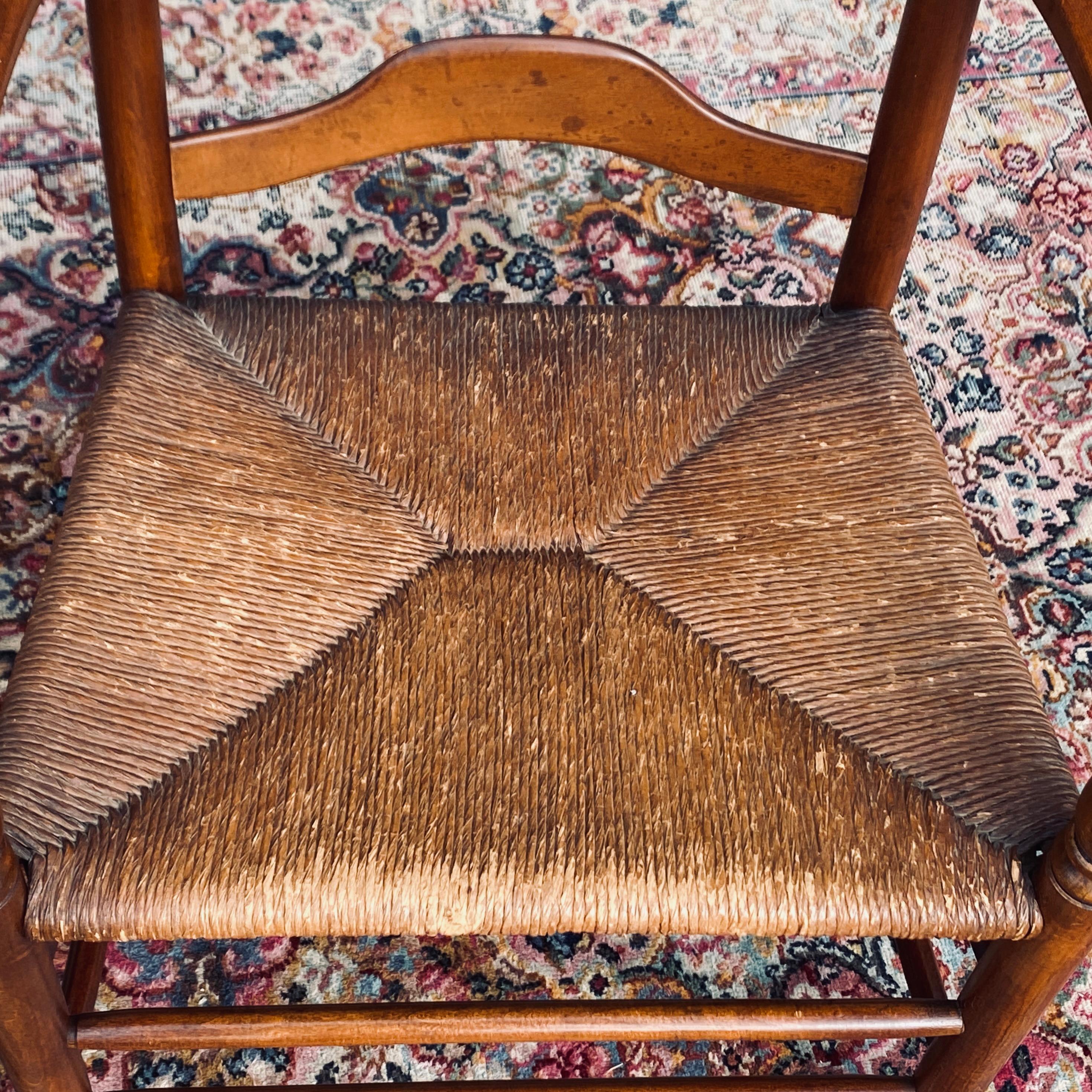 Mid-Century Ladder Back Rush Seat Mushroom Cap Farmhouse Arm Chairs - a Pair 1